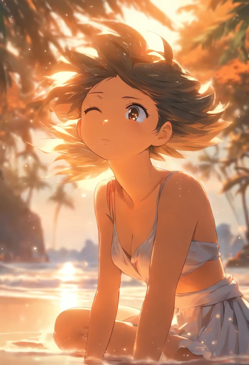 top, loose clothing, 1girl, swimsuit, beach, depth of field, white skirt, long hair, blurry background, solo, black hair, outdoors, tree, ocean, water, sand, sitting, day, closed eyes, small breasts, thin body, with a swift smile the woman crosses her arms and meditates with her eyes closed