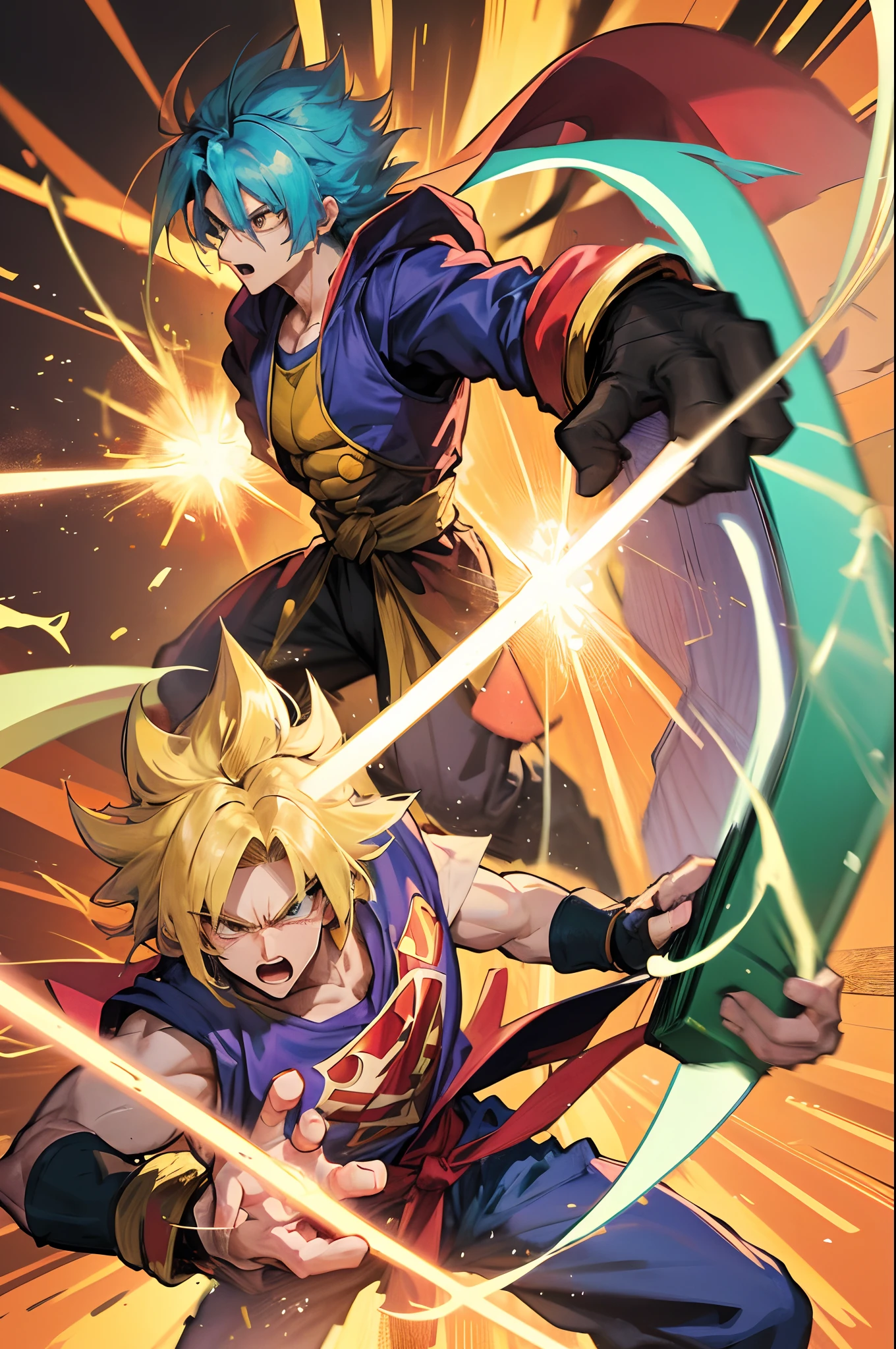 Create a line drawing of super saiyan trunks shooting and energy blast from his hands while wearing his sword on his back.