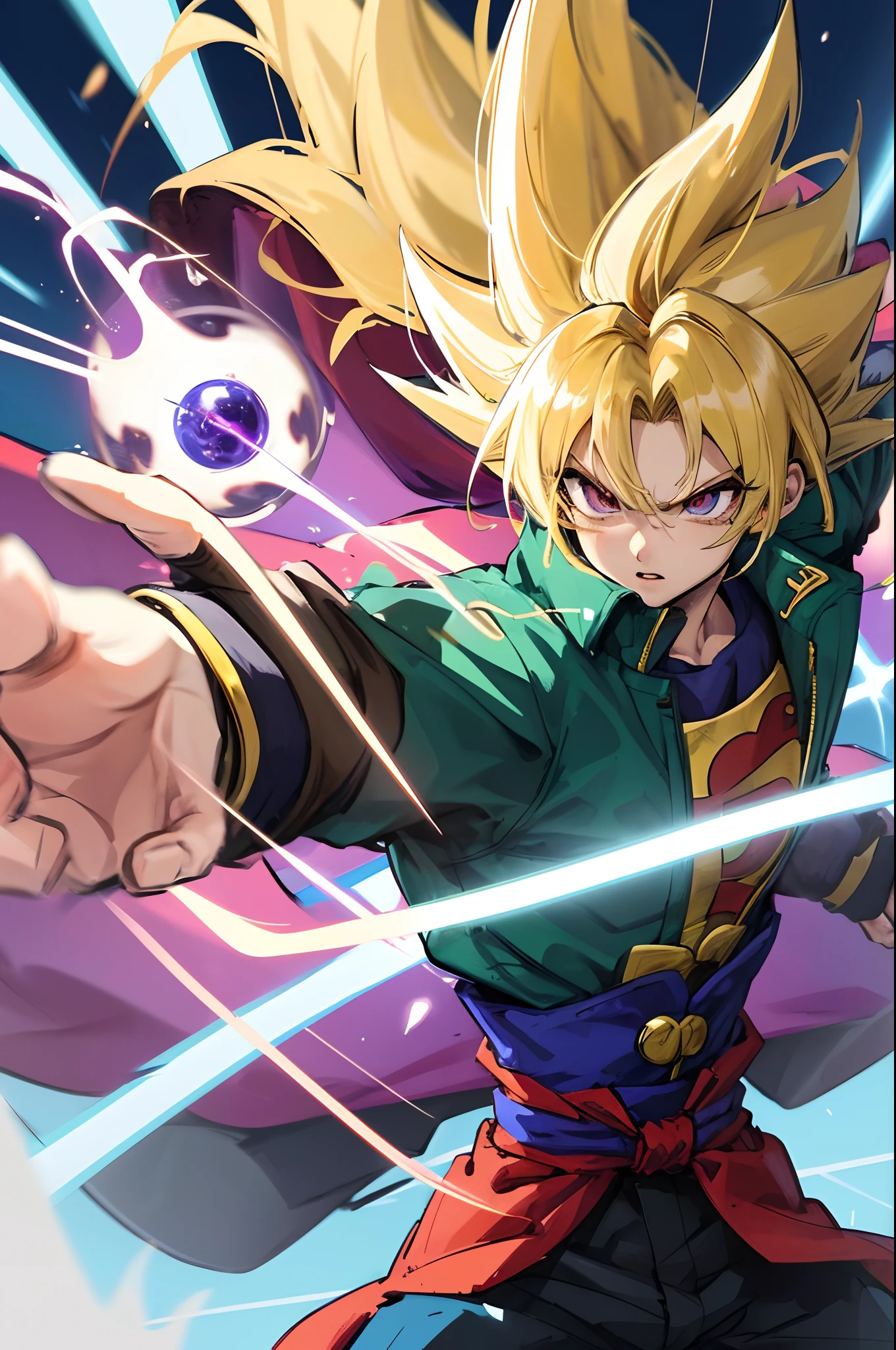 Create a line drawing of super saiyan trunks shooting and energy blast from his hands while wearing his sword on his back.