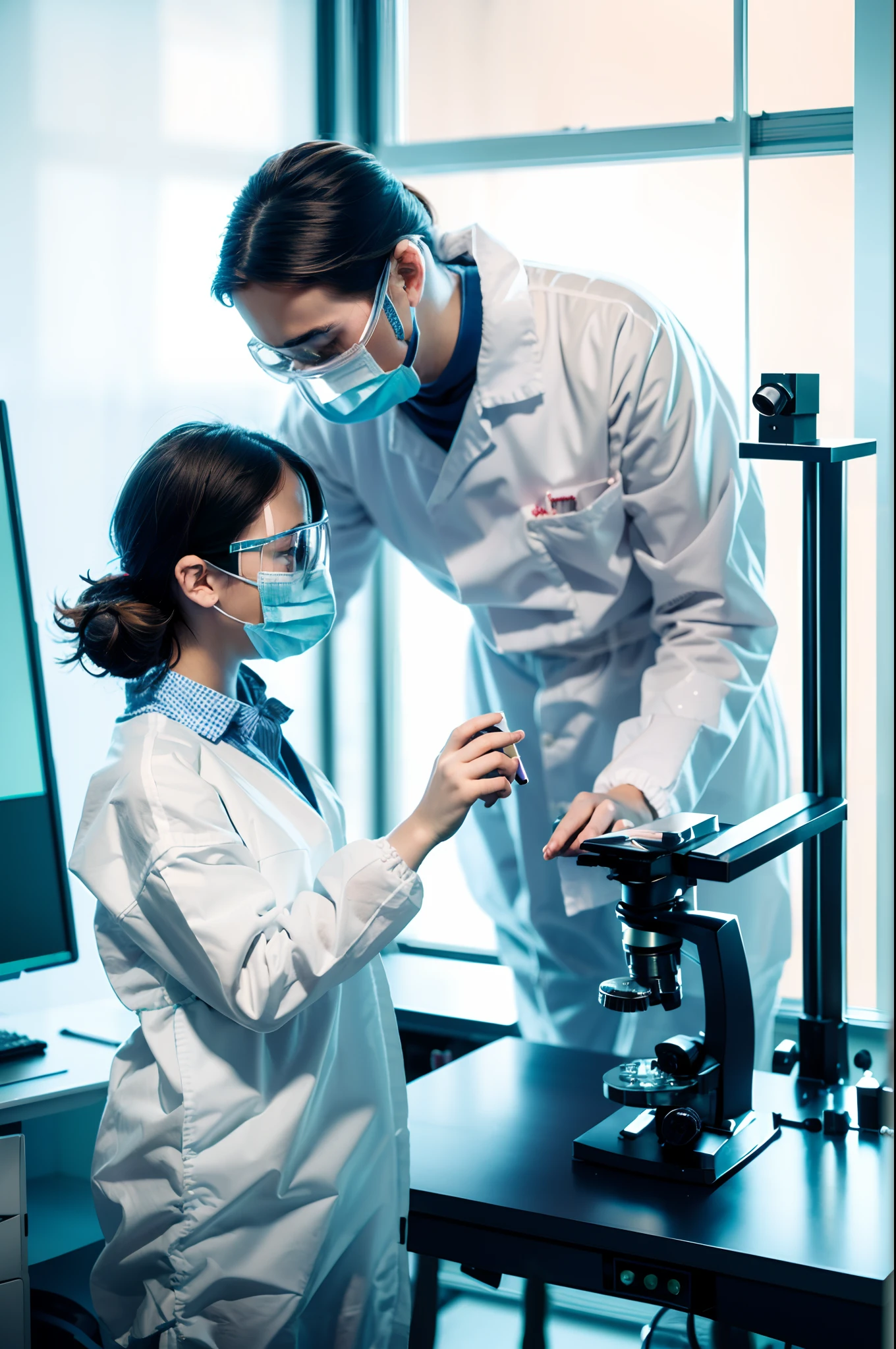 A young researcher analyzes a virus under a microscope. The girl wears a white coat, mask on her face. Inside a laboratory there is a table with laboratory test tubes, a computer and sheets. Daylight, cinematic. 8k