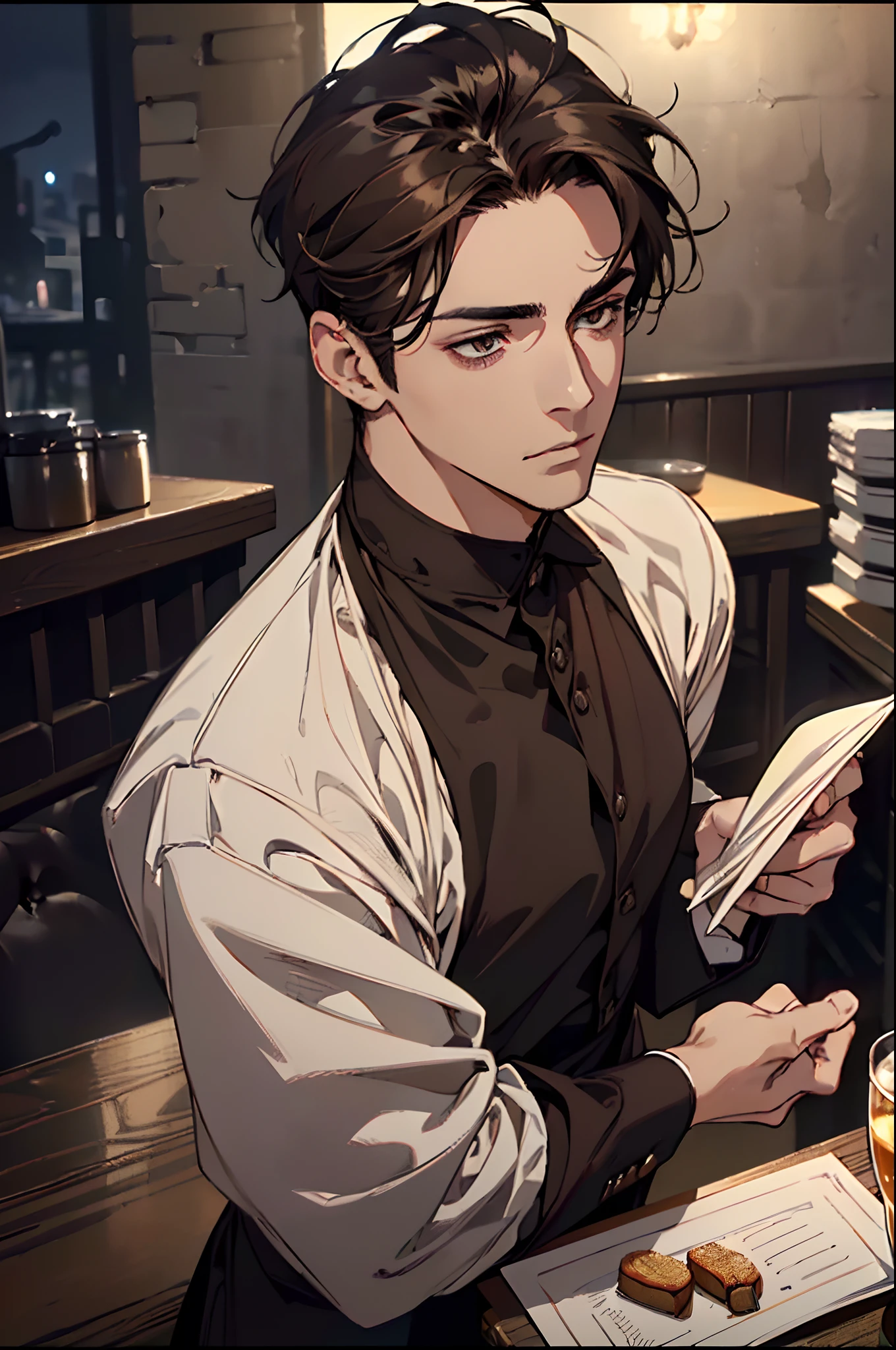 1 boy, beautiful male body, 24 years old , Body length 180 cm, ((short hair hair, Brown, (Chin hair length), ((Hair length 10 inches)) (Street hairstyle) , (Dark brown eyes), realistic eyes, beatiful eyes, ((sharp eyes)), ((Waiter clothes Cafe)), (8k wallpaper), ((Cafe background)), 8k, Quilty Altitude, Realistic, Beautiful realism, outstanding detail, RAW photo, Realistic clothes, Dark brown hair, realistic hair, Light and cool lighting, realistic photo, Cel shaded, Gel lighting, ultra-detail, ((In the night)), simple muscles