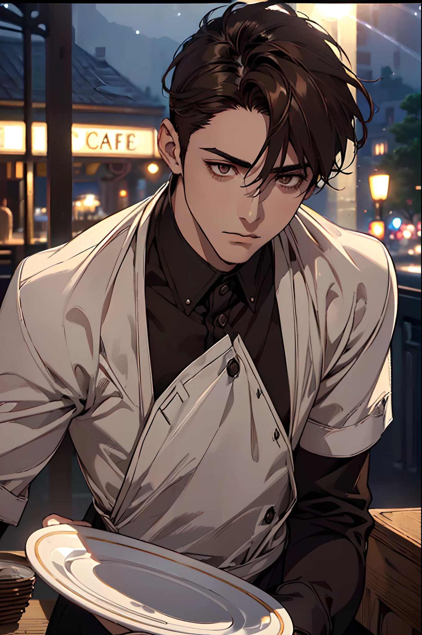 1 boy, beautiful male body, 24 years old , Body length 180 cm, ((short hair hair, Brown, (Chin hair length), ((Hair length 10 inches)) (Street hairstyle) , (Dark brown eyes), realistic eyes, beatiful eyes, ((sharp eyes)), ((Waiter clothes Cafe)), (8k wallpaper), ((Cafe background)), 8k, Quilty Altitude, Realistic, Beautiful realism, outstanding detail, RAW photo, Realistic clothes, Dark brown hair, realistic hair, Light and cool lighting, realistic photo, Cel shaded, Gel lighting, ultra-detail, ((In the night)), simple muscles