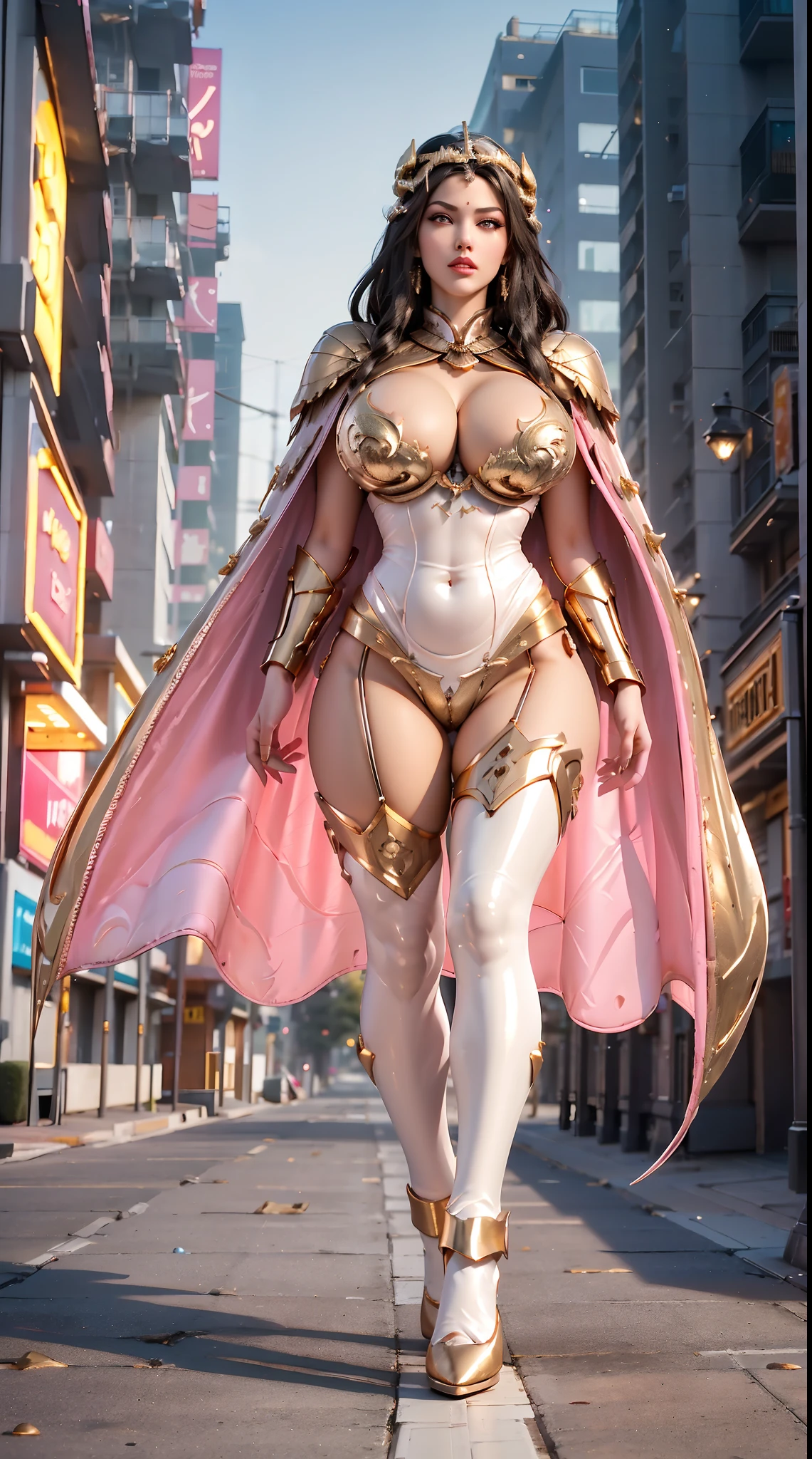 1GIRL, SOLO, (black hair, hair gold ornament), (HUGE FAKE BREASTS:1.3), (pink, gold, white, FUTURISTIC DRAGON LINGERIE, ROYAL CAPE, CLEAVAGE:1.5), (SKINTIGHT YOGA PANTS, HIGH HEELS:1.2), (NSFW BIMBO BODY, SEXY LONG LEGS, FULL BODY:1.3), (FROM FRONT, LOOKING AT VIEWER:1), (WALKING DOWN ON STREET NIGHT CITY:1.3), PHYSICALLY-BASED RENDERING, ULTRA HIGHT DEFINITION, 8K, 1080P.