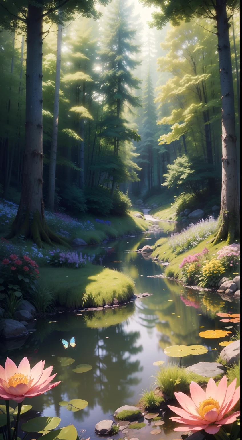 High resolution, masterpiece, photoquality, 8K, hyper-detailed, psychedelic feeling, dream forest, tall trees in the forest, dense foliage, sunlight spilling through the leaves on the ground, emitting a faint glow, a stream flowing through the forest, (a colorful butterfly, it dances among the flowers: 1.5), wildflowers, gently swaying in the breeze, a small pond, multi-color matching, soft light, edge light, ray tracing, global illumination, hyperrealism, realistic 3D, wide field of view --auto