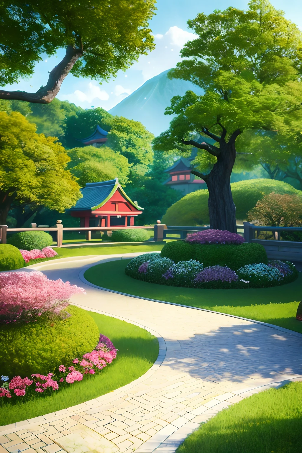 Anime - Garden-style paintings with trees and benches blooming, anime background art, anime landscape concept art, beautiful anime scenery, Japanese art style, dreamy Chinese towns, beautiful anime scenes, realistic animation three-dimensional style, anime scenery, traditional Japanese conceptual art, anime backgrounds, beautiful anime artwork, beautiful digital artwork, drawn in the studio of an animated cartoonist.