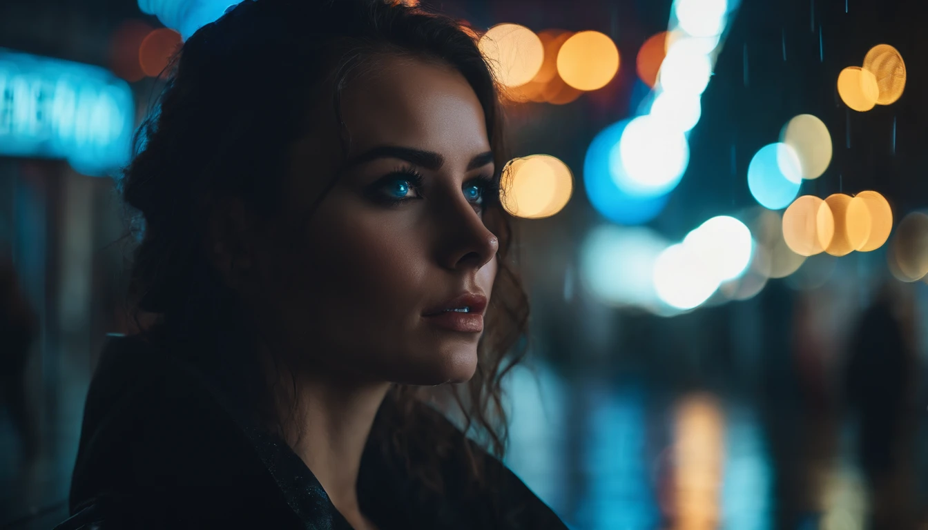 Portrait of a beautiful girl in a cyberpunk city at night, rainy night, blue eyes, foggy night lights, dramatic lights, neon lights, hardwave aesthetic, cyberpunk aesthetic, extremely beautiful woman.