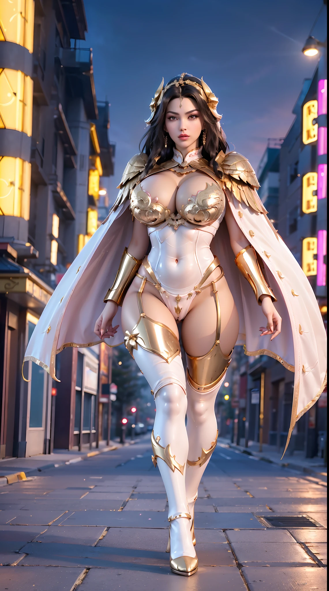 1GIRL, SOLO, (black hair, hair gold ornament), (HUGE FAKE BREASTS:1.3), (pink, gold, white, FUTURISTIC DRAGON LINGERIE, ROYAL CAPE, CLEAVAGE:1.5), (SKINTIGHT YOGA PANTS, HIGH HEELS:1.2), (NSFW BIMBO BODY, SEXY LONG LEGS, FULL BODY:1.3), (FROM FRONT, LOOKING AT VIEWER:1), (WALKING DOWN ON STREET NIGHT CITY:1.3), PHYSICALLY-BASED RENDERING, ULTRA HIGHT DEFINITION, 8K, 1080P.