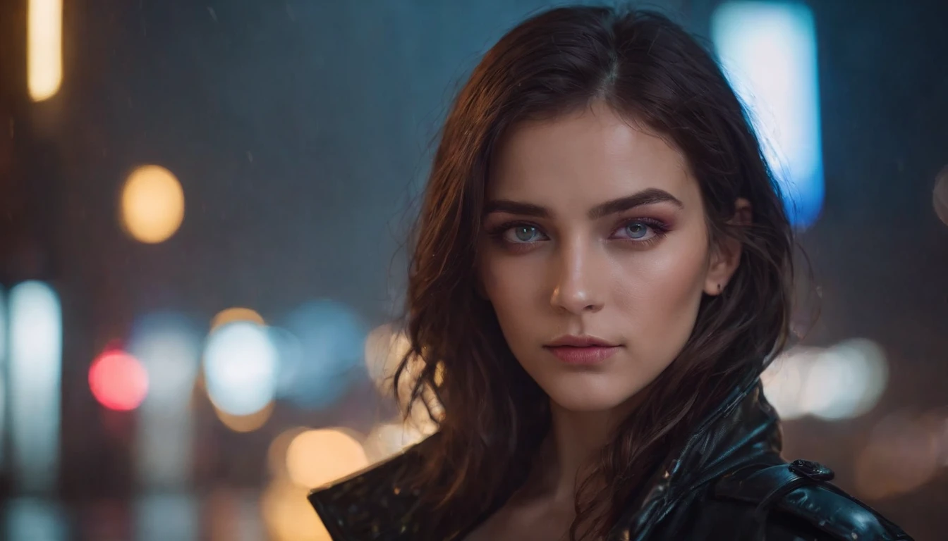 Portrait of a beautiful girl in a cyberpunk city at night, rainy night, beautiful eyes, foggy night lights, dramatic lights, neon lights, hardwave aesthetic, dark cyberpunk aesthetic, extremely beautiful woman.