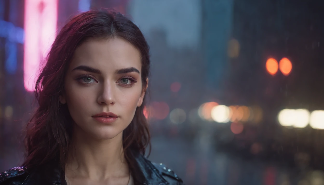 Portrait of a beautiful girl in a cyberpunk city at night, rainy night, beautiful eyes, foggy night lights, dramatic lights, neon lights, hardwave aesthetic, dark cyberpunk aesthetic, extremely beautiful woman.