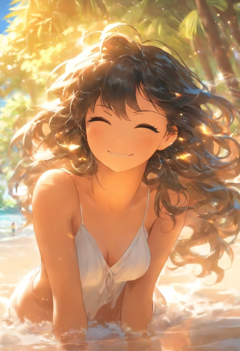 top, loose clothing, 1girl, swimsuit, beach, depth of field, white skirt, long hair, blurry background, solo, black hair, outdoors, tree, ocean, water, sand, sitting, day, closed eyes, small breasts, thin body, with a swift smile