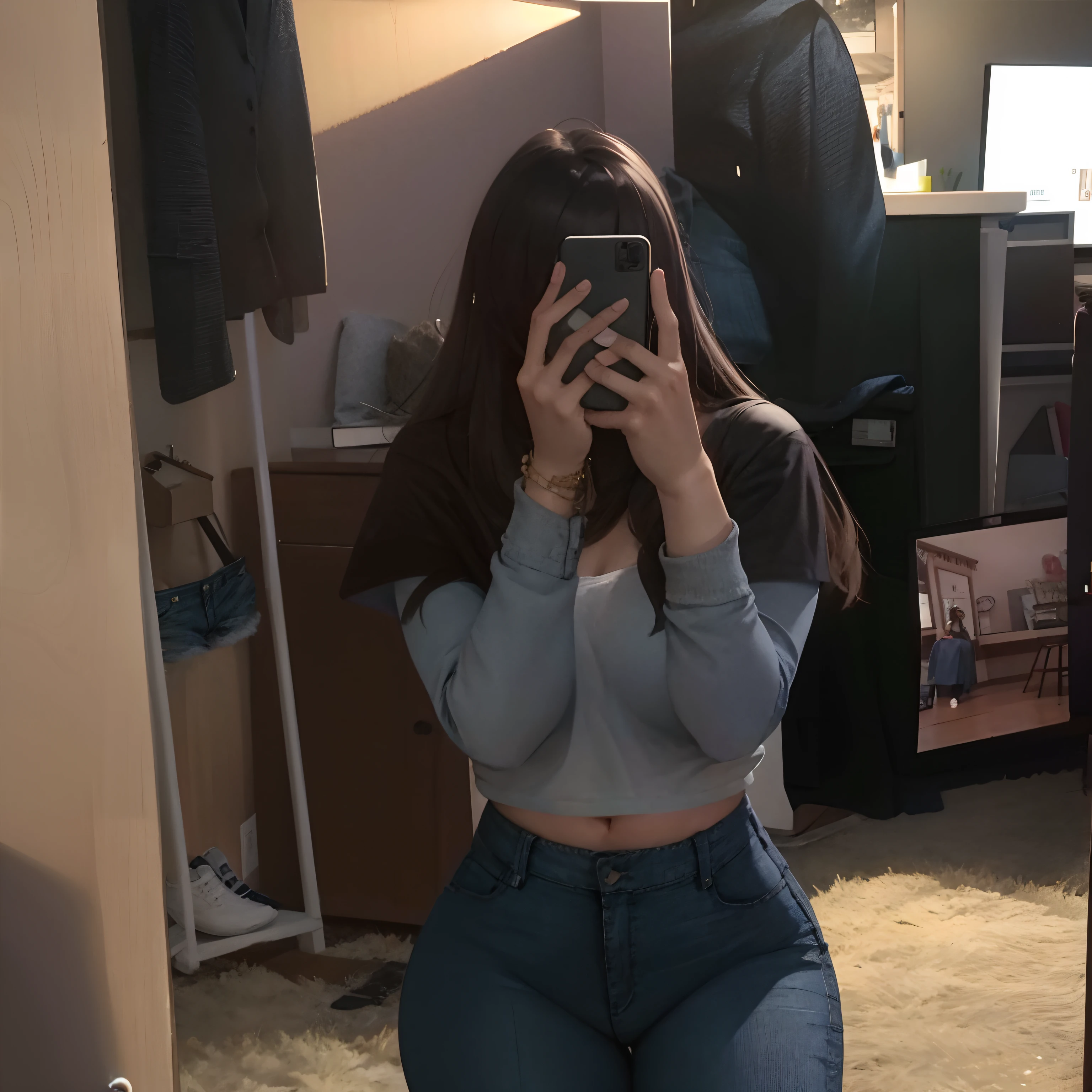 Woman taking pictures of herself in the mirror, outfit photo, full length image, middle body shot, casual wear, thicc, Trimming half of the body, Random Pose, ( ( ( wearing jeans ) ) ), sits in his room, wearing jeans, 18 years, wearing a shirt and a jean, Jeans, full body photos