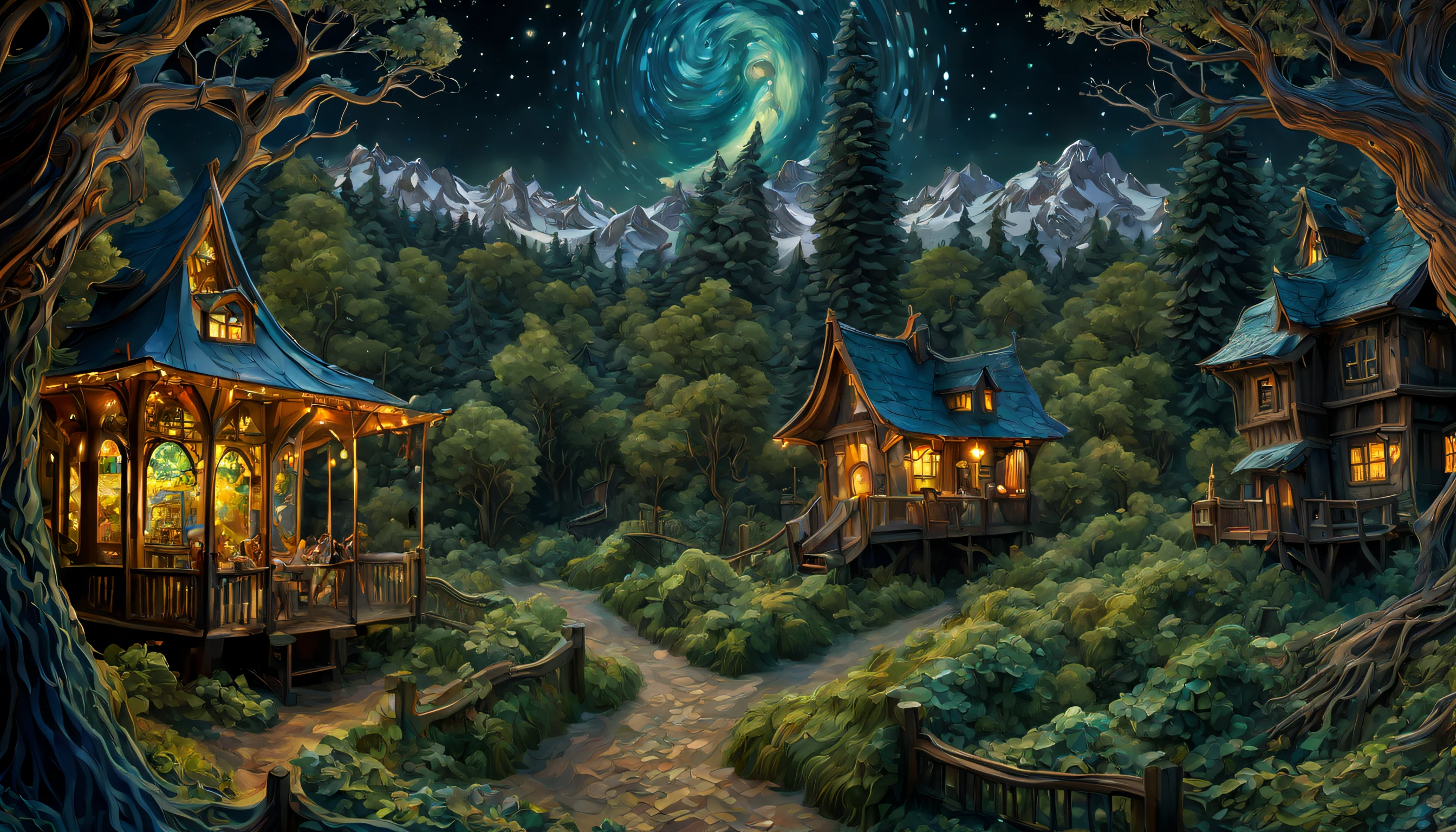 ((best quality)), ((masterpiece)), ((realistic,digital art)), (hyper detailed), van gogh starry nigh over enchanted forest detailed matte painting, deep color, fantastical, intricate detail, fantasy a masterpiece, 8k resolution, dark fantasy concept art, by Greg Rutkowski, dynamic lighting, hyperdetailed, intricately detailed, Splash screen art Origami paper folds papercraft, made of paper, smoothened, stationery, soft focus