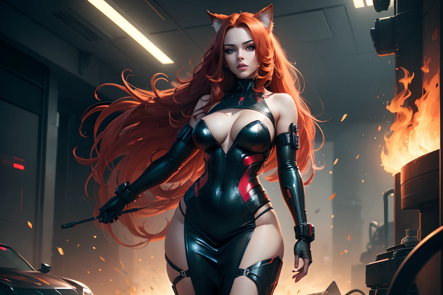 Create a high-resolution illustration of a captivating female character with long fire-red hair, matching fire-red cat ears, and intense deep green eyes. full body. she exudes a blend of elegance and mystique, seductive, and sexy. cyberpunk theme. Add a dynamic touch with a fire-red electric aura surrounding her, as if she's charging up. Aim for exceptional level of detail in this masterpiece.