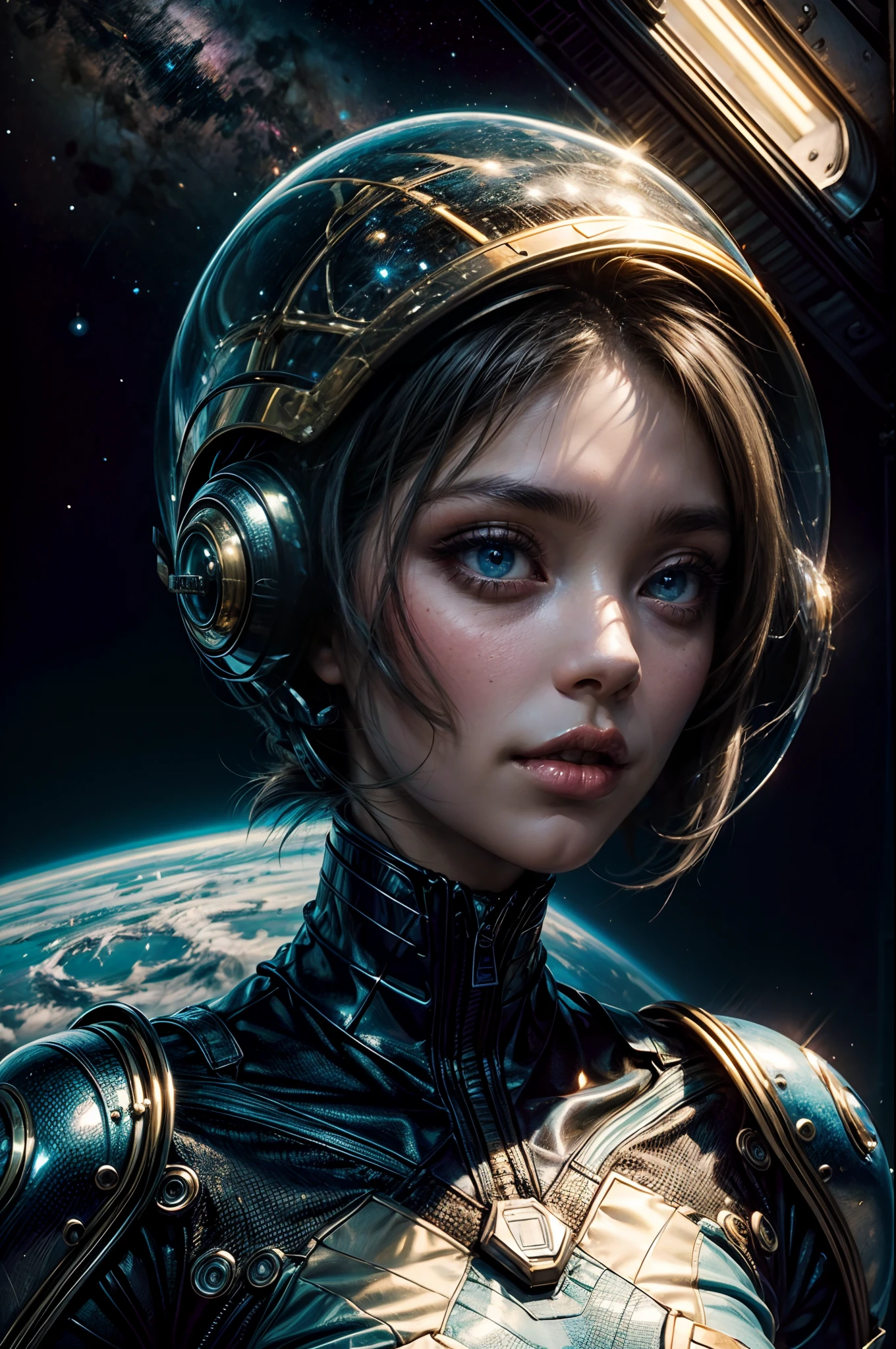 "A detailed painting of a closeup alien girl dressed as a space ranger, exploring an extraterrestrial landscape adorned with vibrant, otherworldly flowers. Science fiction wonderland, imaginative, space adventure."
