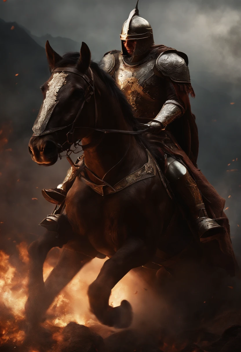 great warlord,violent action,battlefield chaos,ferocious war,destructive power,flaming weapons,armored soldiers,bloodshed,screams of agony,warrior's rage,fallen enemies,devastated landscape,shattered armor,battle scars,smoke and dust,burning ruins,lluminated by fire,ominous atmosphere,majestic warhorse,commanding presence,unstoppable force,intense combat,fierce determination,heroic triumph,victory celebration,conquered territories,triumphant banner,wounded but victorious,unyielding spirit,unrelenting assault,survivors' relief,mournful aftermath,military strategy,strategic planning,merciless dominance,unmatched power,utter devastation,empire building,warrior code,binding loyalty