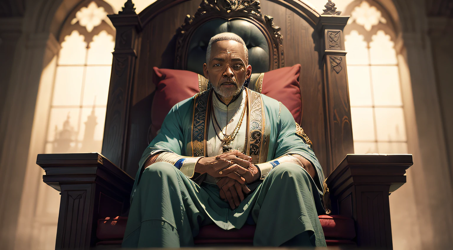 Will Smith, old man, Old Sage, enrugado, imperador, sentado no trono, circunstanciado, Cinematic light, detalhes intrincados, epics, circunstanciado, Full HD
