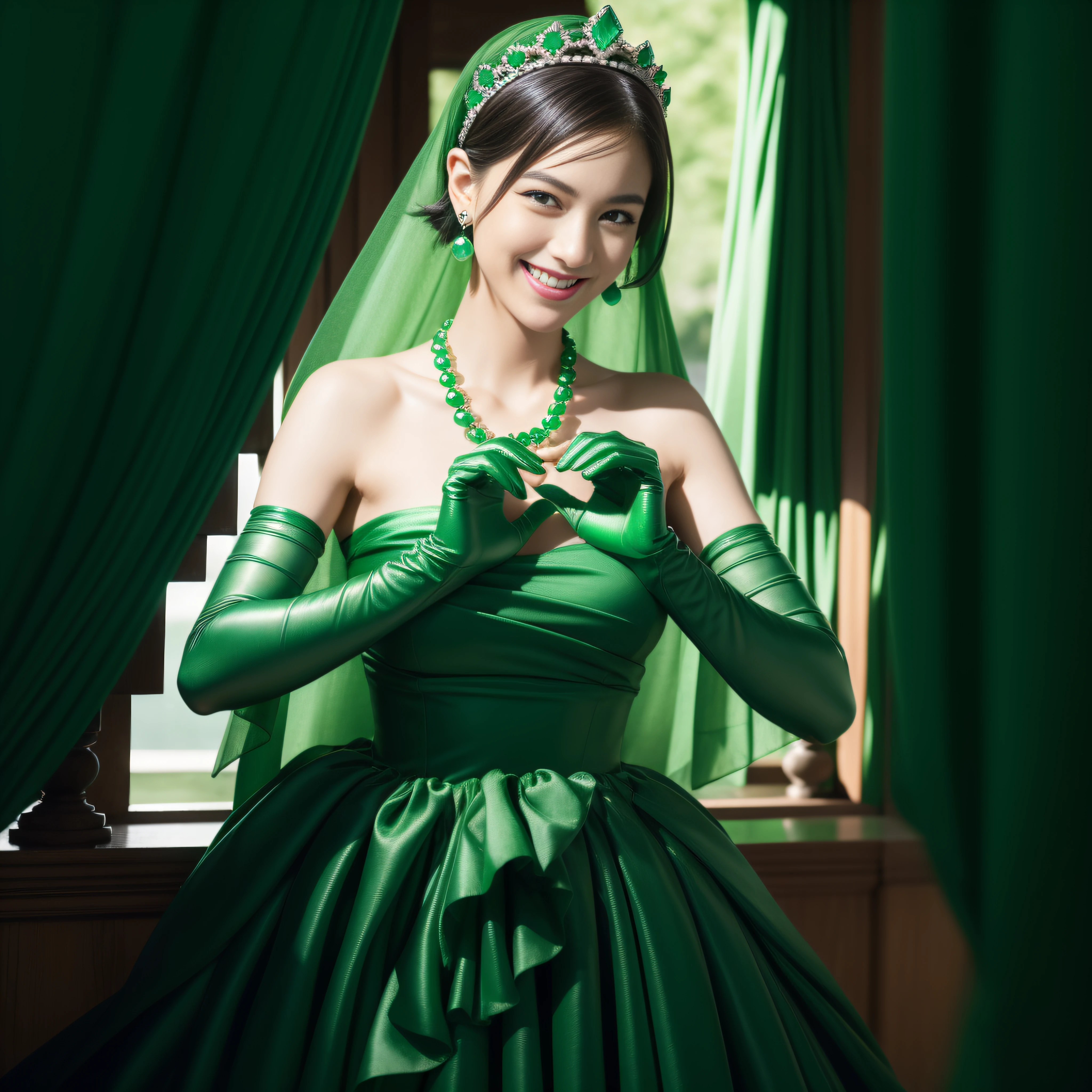 emerald tiara, Green Pearl Necklace, Boyish very short green hair, lipsticks, Japan woman smiling, very short short hair,  big breasts beautiful, Green eyes, Long green gloves made of satin material, Green eyes, Emerald Earrings, green vale, Heart with both hands