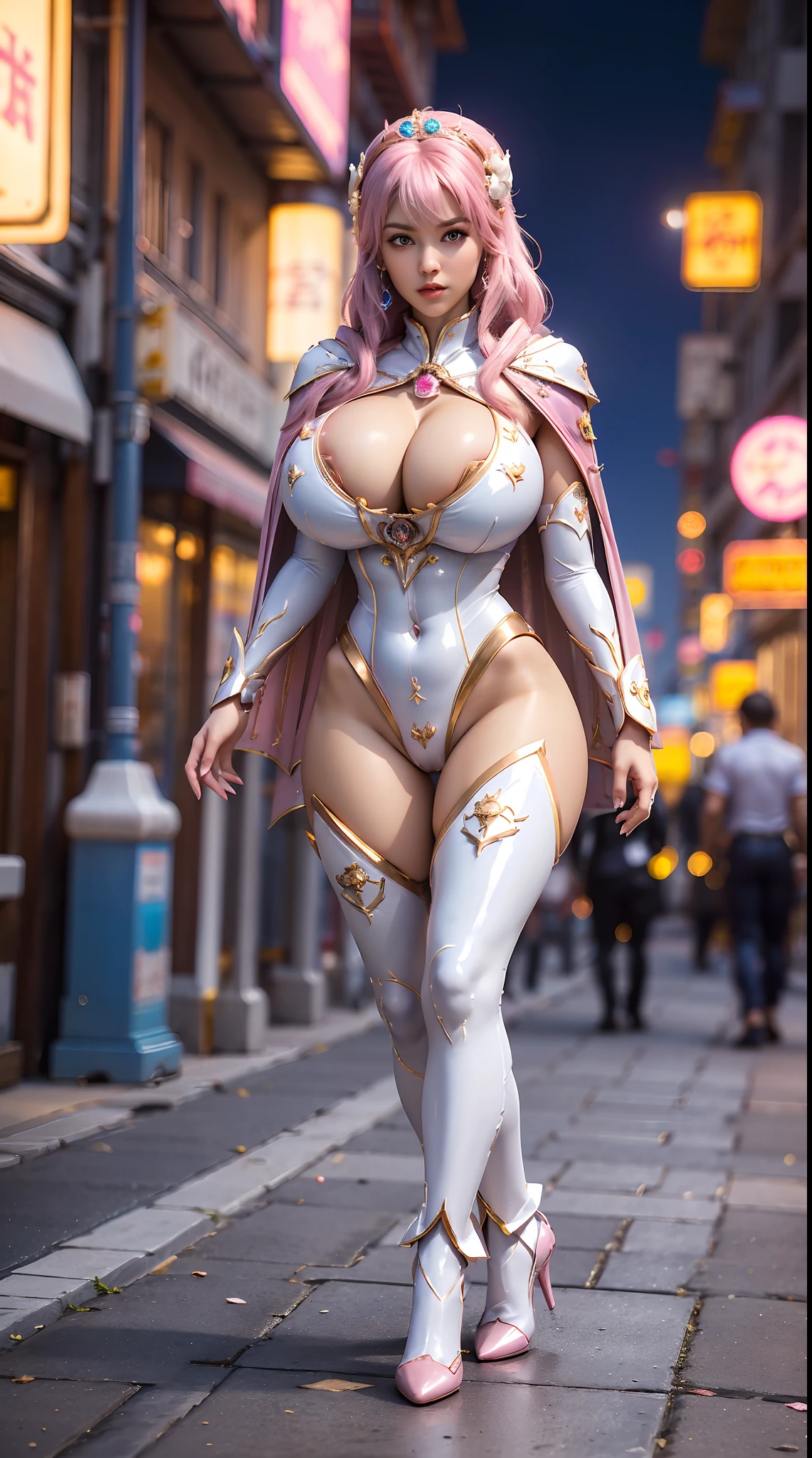 1GIRL, SOLO, (blue pink long hair, hair gold ornament), (HUGE FAKE BREASTS:1.3), (pink, blue, white, DRAGON MECHA BODYSUIT, ROYAL CAPE, CLEAVAGE:1.5), (SKINTIGHT YOGA PANTS, HIGH HEELS:1.2), (NSFW BIMBO BODY, SEXY LONG LEGS, FULL BODY:1.3), (FROM FRONT, LOOKING AT VIEWER:1), (WALKING DOWN ON STREET NIGHT CITY:1.3), PHYSICALLY-BASED RENDERING, ULTRA HIGHT DEFINITION, 8K, 1080P.