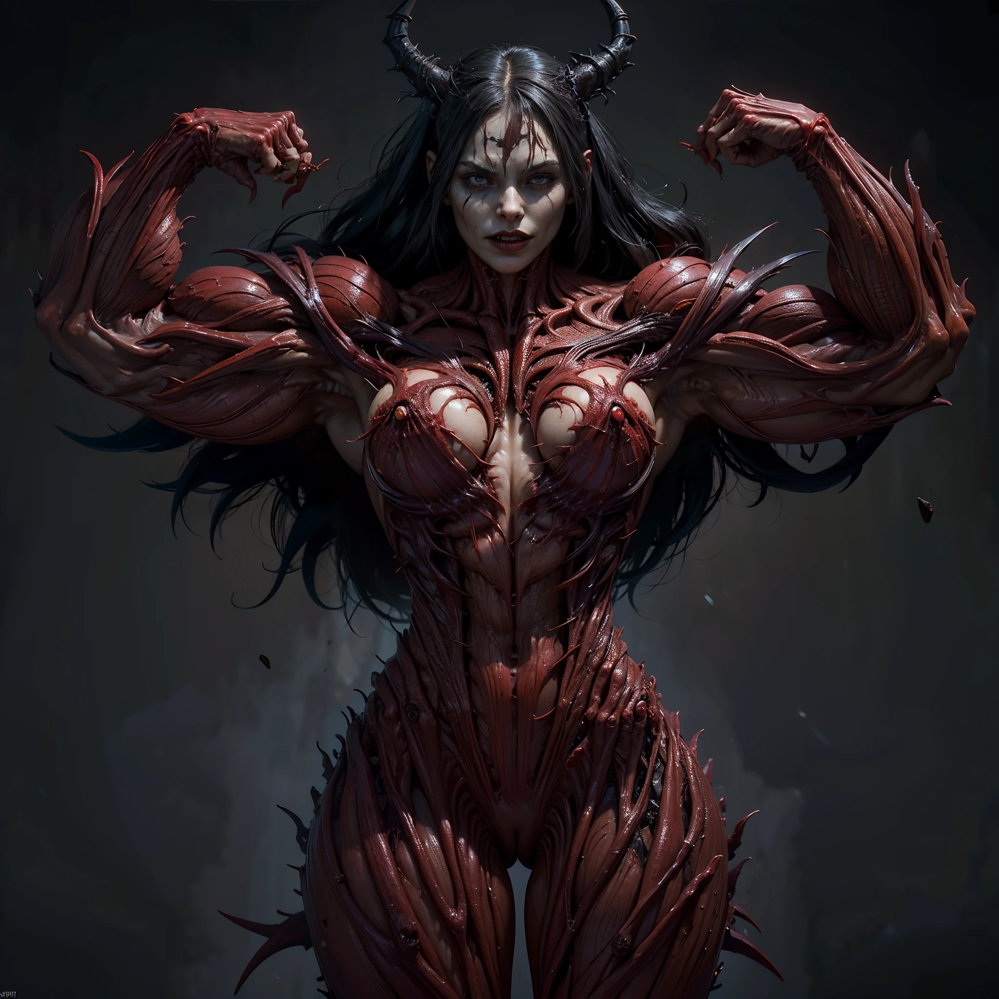 (1 girl), (spread legs:1.25), (demoness with beautiful face:1.25),(1 super muscular succubus with flayed skin:1.5), (carnage physique:1.5), (covered in thick muscle suit:1.5), (exposed perfect anatomy:1.5), (venom muscle anatomy:1.5), high detail, best quality, masterpiece, finely detail, realistic skin texture, 85 mm art lens, f 1.2, sharp focus, 8 k high definition, insanely detailed, intricate,