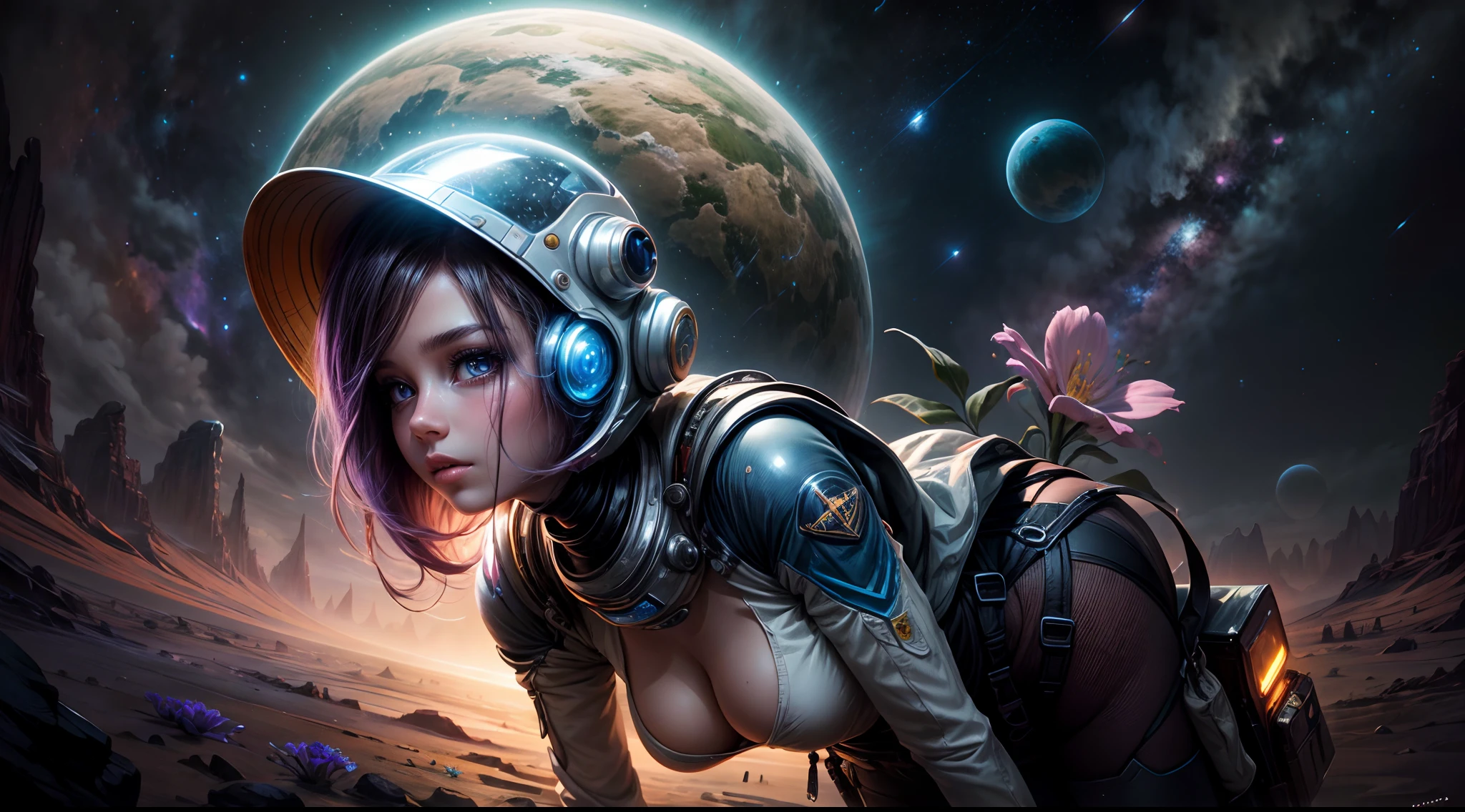 "A detailed painting of a closeup alien girl dressed as a space ranger, exploring an extraterrestrial landscape adorned with vibrant, otherworldly flowers. Science fiction wonderland, imaginative, space adventure."