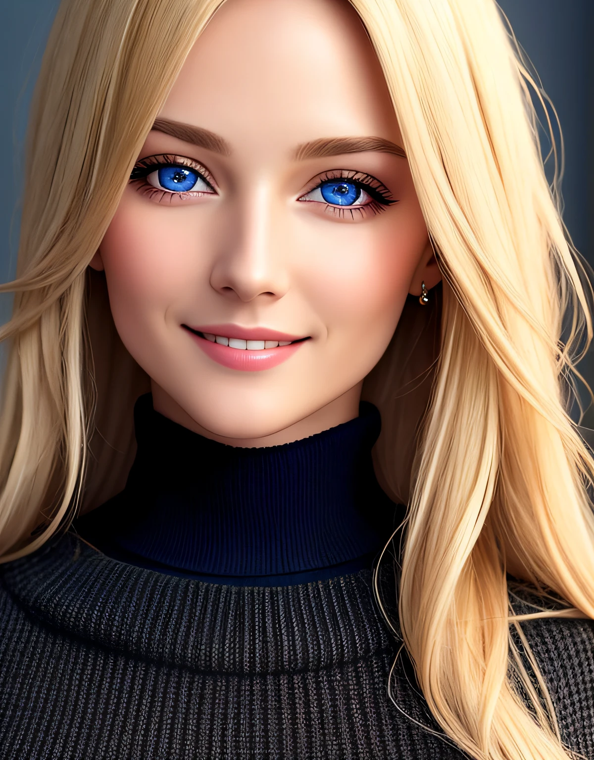 Masterpiece, absurdres,HDR ,highly detailed eyes and face, smiling, beautiful nod_woman, a woman with long blonde hair and a black sweater ,perfect nod_body,perfect nod_face,