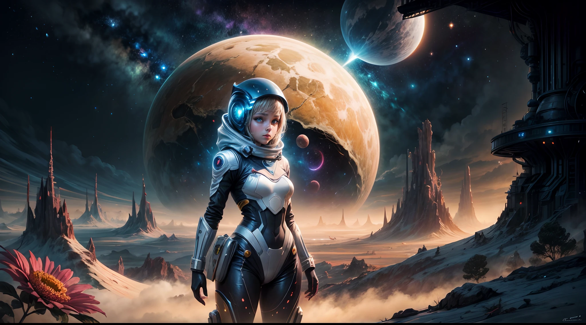 "A detailed painting of a alien girl dressed as a space ranger, exploring an extraterrestrial landscape adorned with vibrant, otherworldly flowers. Science fiction wonderland, imaginative, space adventure."