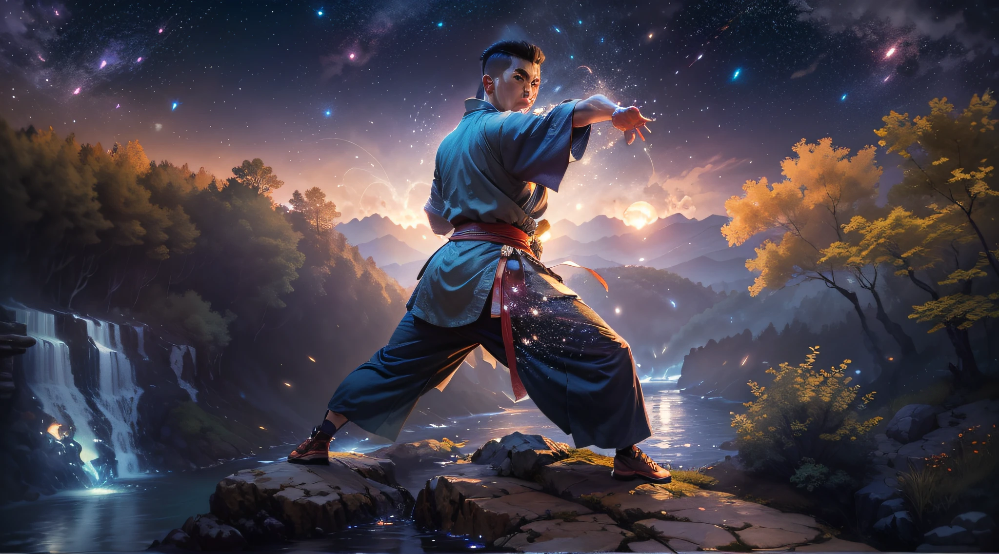 Kung Fu Fighter, on a rock, over a valley with a river and waterfalls, Moonlit night, the stars, Water sparkles, Fireflies, hyper realisitc, ultradetail, Doubleexposure, hyper-detailing, Masterpiece, in detail, Body proportions are observed, Kung Fu Fighting Stance
