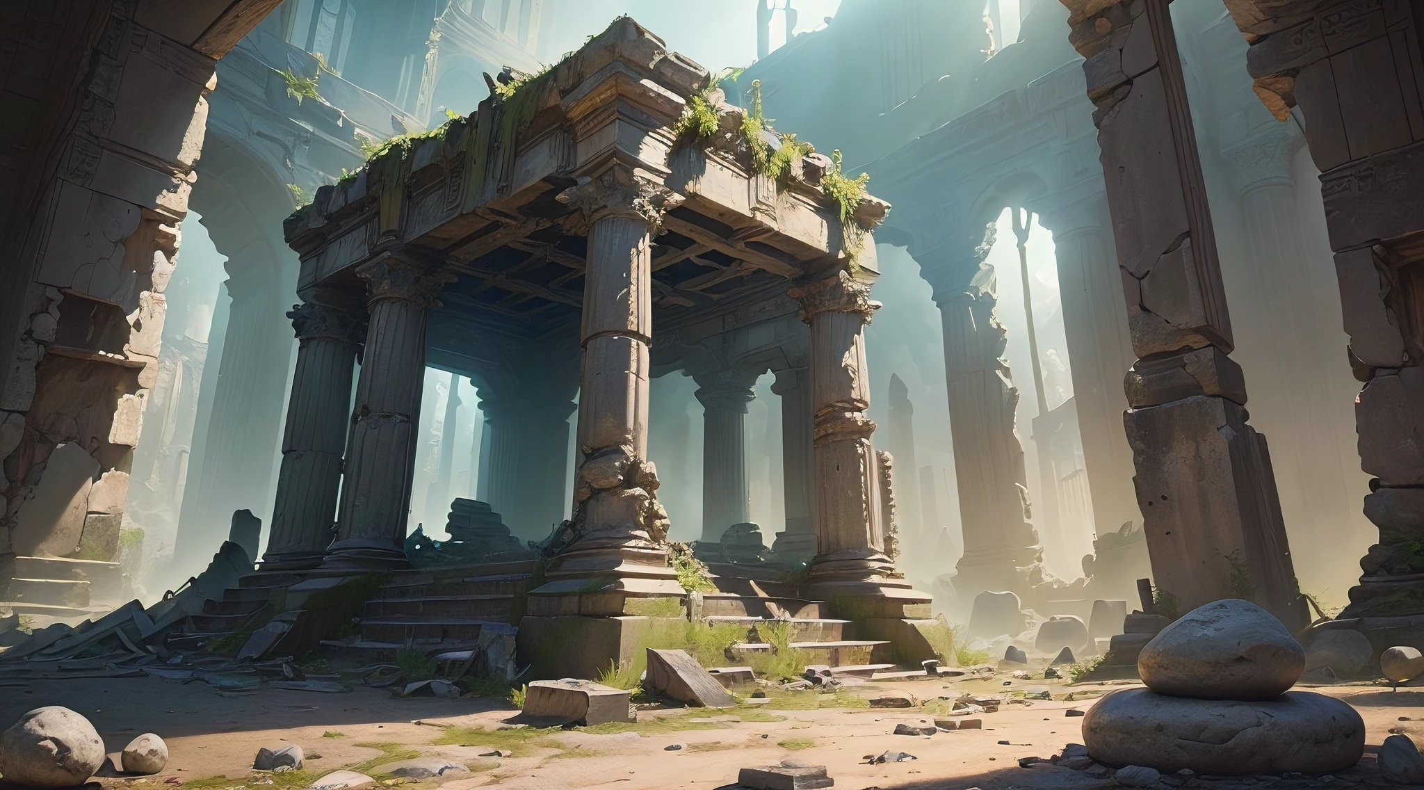 (((Masterpiece)), (((Ruins))), HDR, volumetric light, penumbra, depth of field, the best work of art station, Ruins of an alien civilization on an alien planet. Stones with alien drawings and diagrams, alien hieroglyphs and letters, Schematic images of fantastic creatures on stone