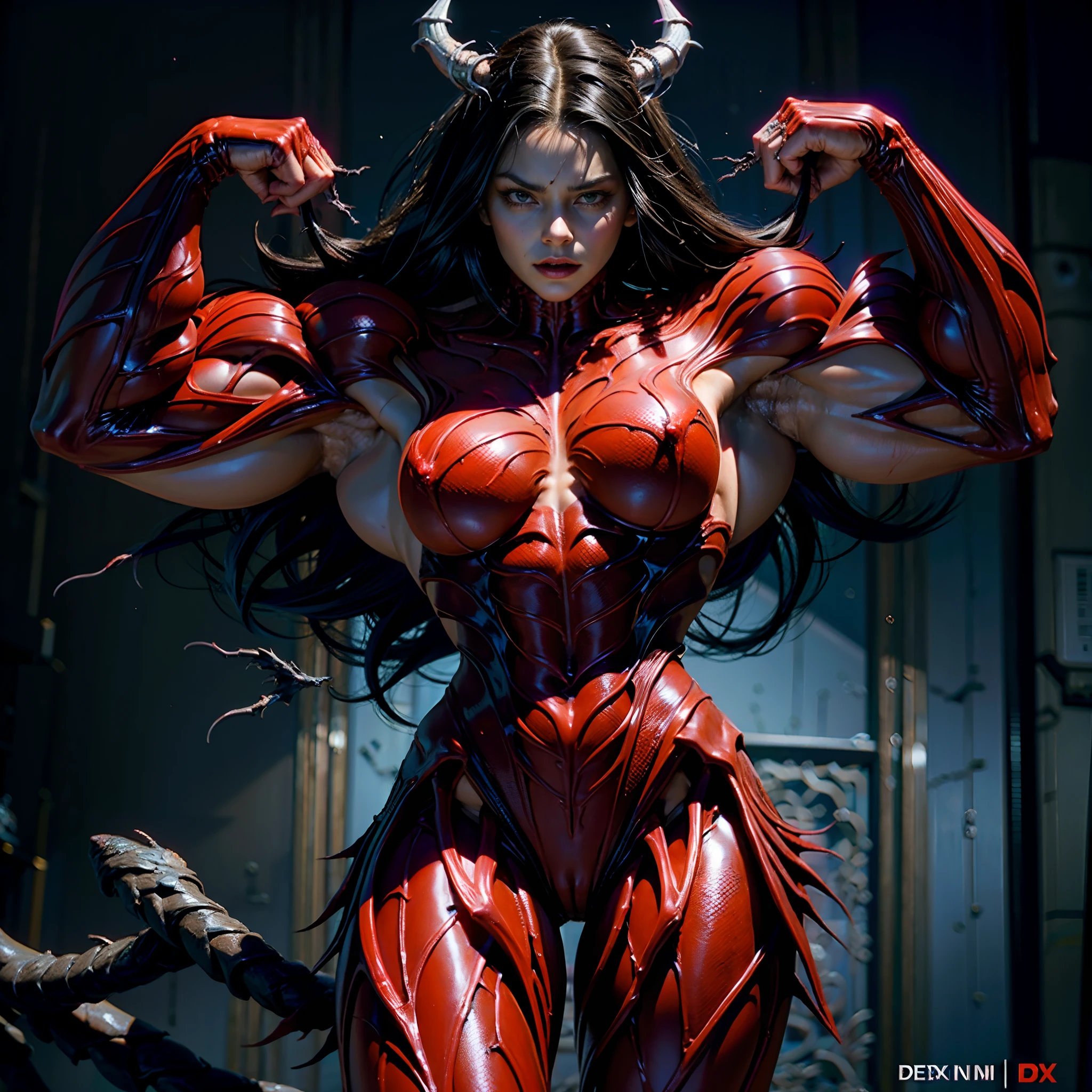 (1 girl), (spread legs:1.25), (demoness with beautiful face:1.25),(1 super muscular succubus with flayed skin:1.5), (carnage physique:1.5), (covered in thick muscle suit:1.5), (exposed perfect anatomy:1.5), (venom muscle anatomy:1.5), high detail, best quality, masterpiece, finely detail, realistic skin texture, 85 mm art lens, f 1.2, sharp focus, 8 k high definition, insanely detailed, intricate,