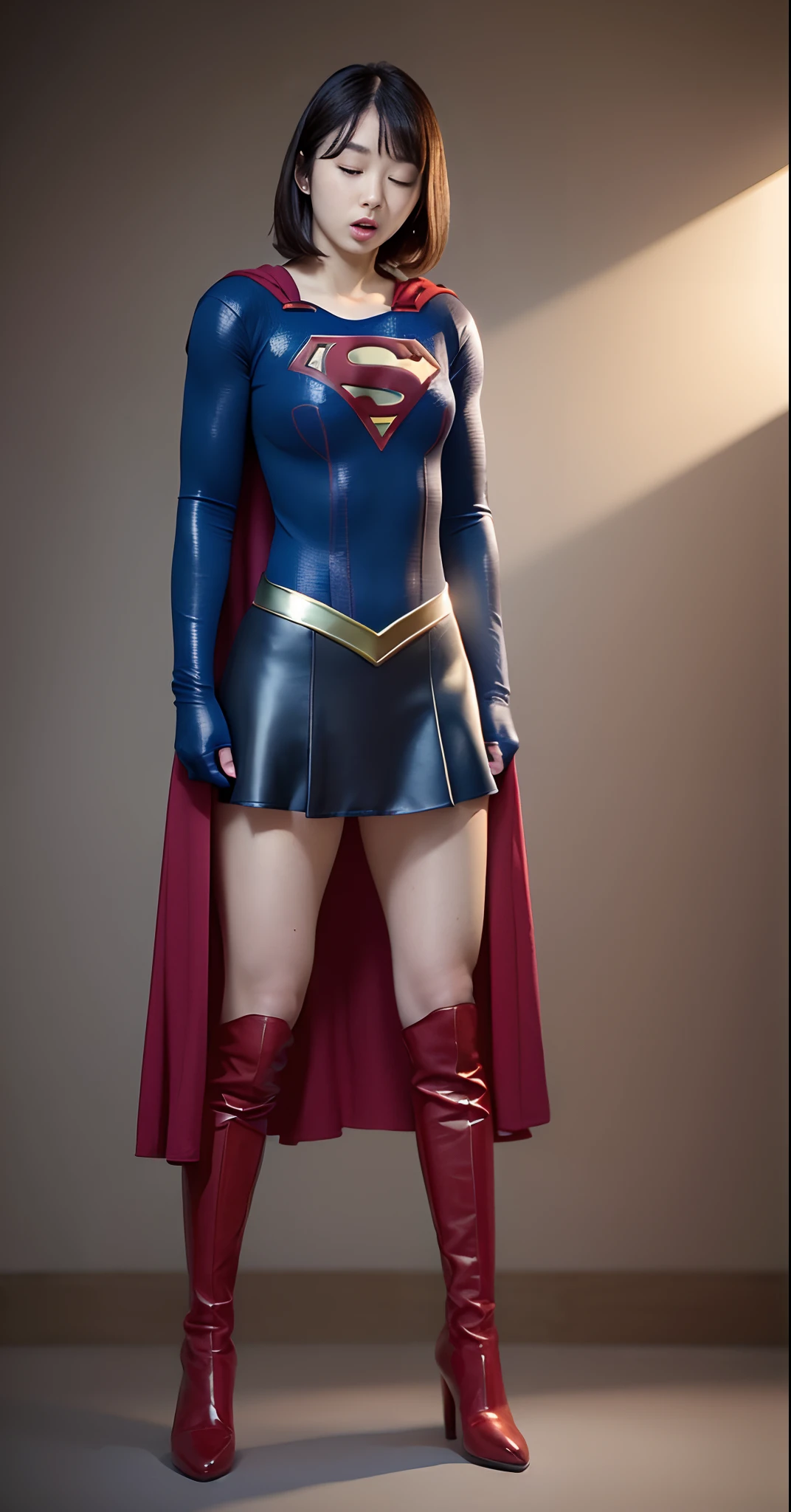 (((Be sure to wear black tights)))、(((defeated)))、(((Suffering)))、(((Eyes closed)))、(((Make the most of the original image)))、(((Supergirl Costume)))、(((shiny short hair)))、(((Suffering)))、(((Feet must necessarily be worn with black tights)))、(((You need to wear red boots)))、((Top image quality、8K))、((top-quality、8K、masterpiece:1.3))、(((Keep your background simple)))、Crisp focus:1.2、Beautiful woman with perfect body shape:1.4、Slender Abs:1.2、a wet body:1.5、Highly detailed facial and skin texture、