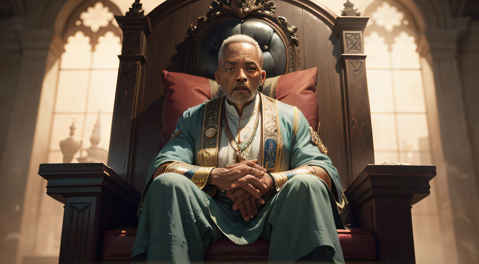 Will Smith, old man, Old Sage, enrugado, Imperador, seated not throne, circunstanciado, Cinematic light, detalhes intrincados, epics, circunstanciado, Full HD, Foto realista, real facial expressions, will smith rosto