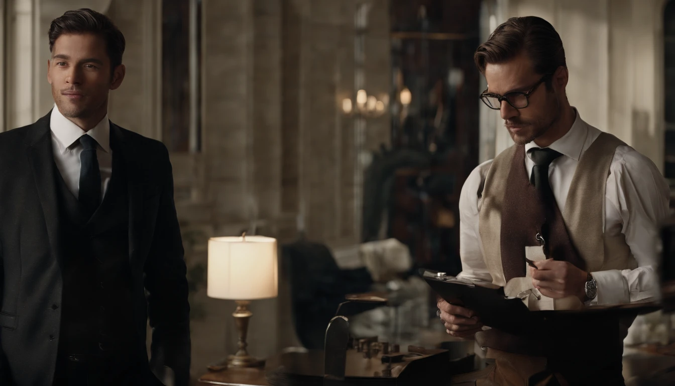 Handsome sturdy man, with long brown hair, in a tuxedo and black business pants, in office, In his hands he holds a business briefcase
