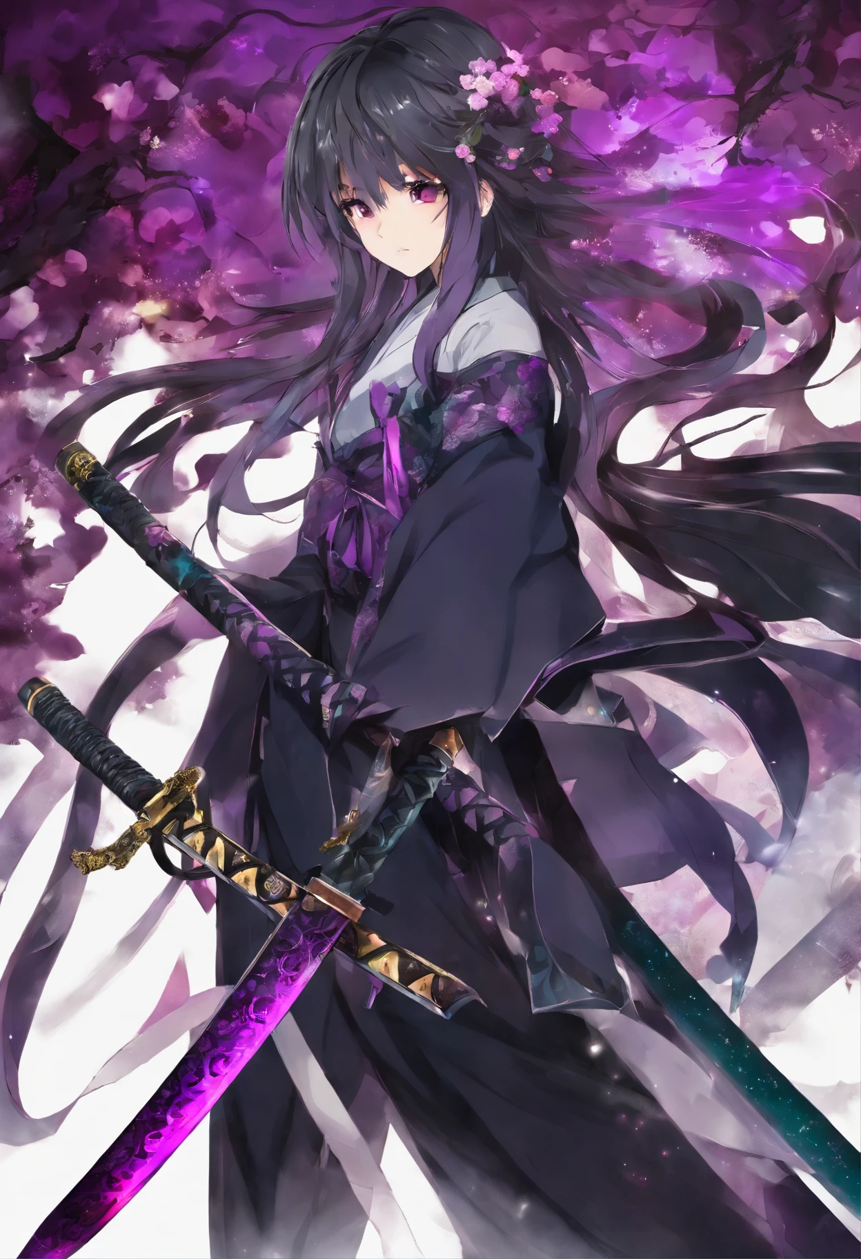 Japanese Katana Sword,(Ōdachi:1.3),Weapons of enormous proportions,Entangled in purple phosphorous fire,Broken blade,(Demon knife Muramasa:1.5),Bizarre sword body pattern