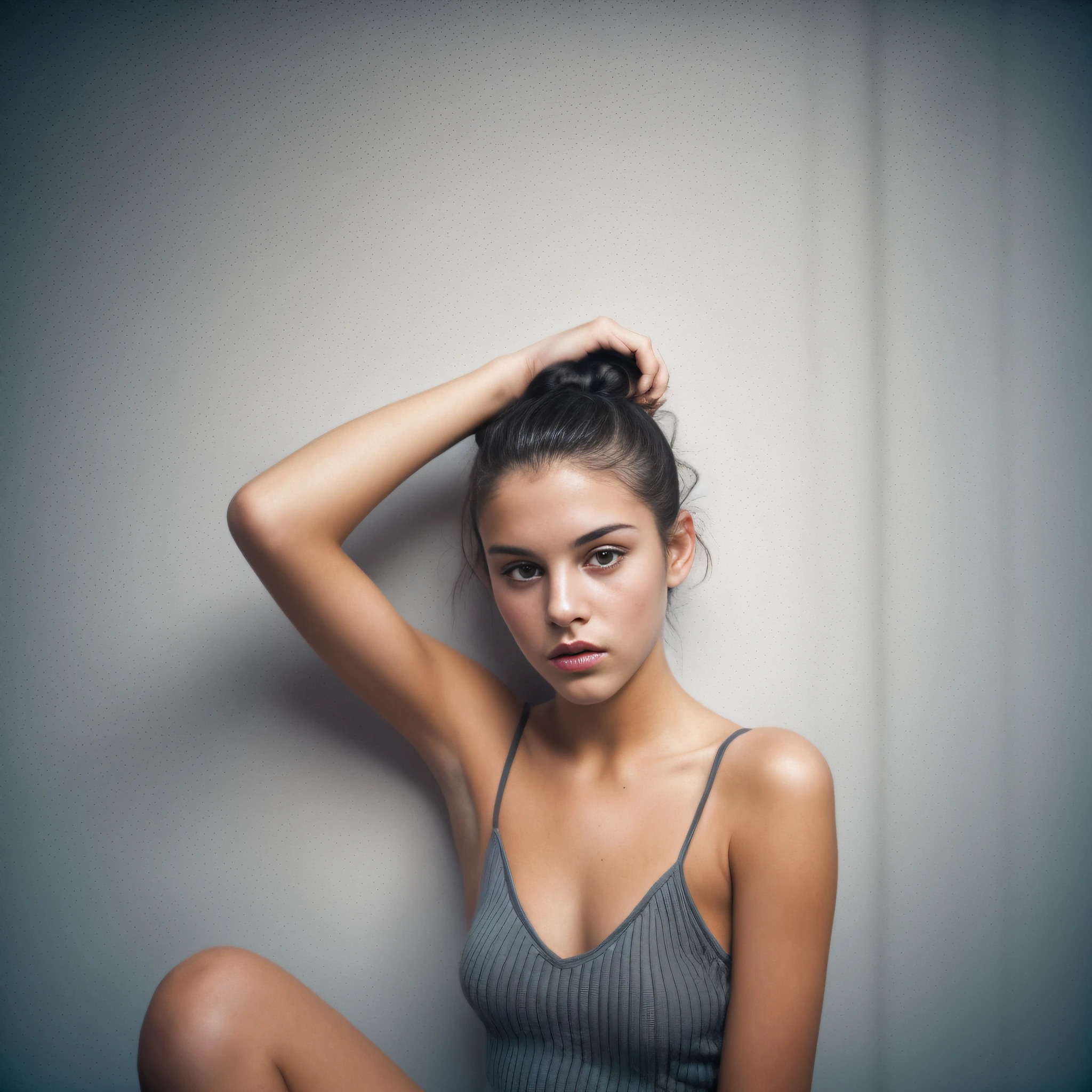 Sexually enthusiastic professional photo by Richard Kern of a 14-year-old extremely attractive girl, erotically suggestive face. Dark hair in simple bun. fashion. Highly detailed. Detailed face. by Joe McNally. Best photography with world awards. Leica M6, volumetric light.