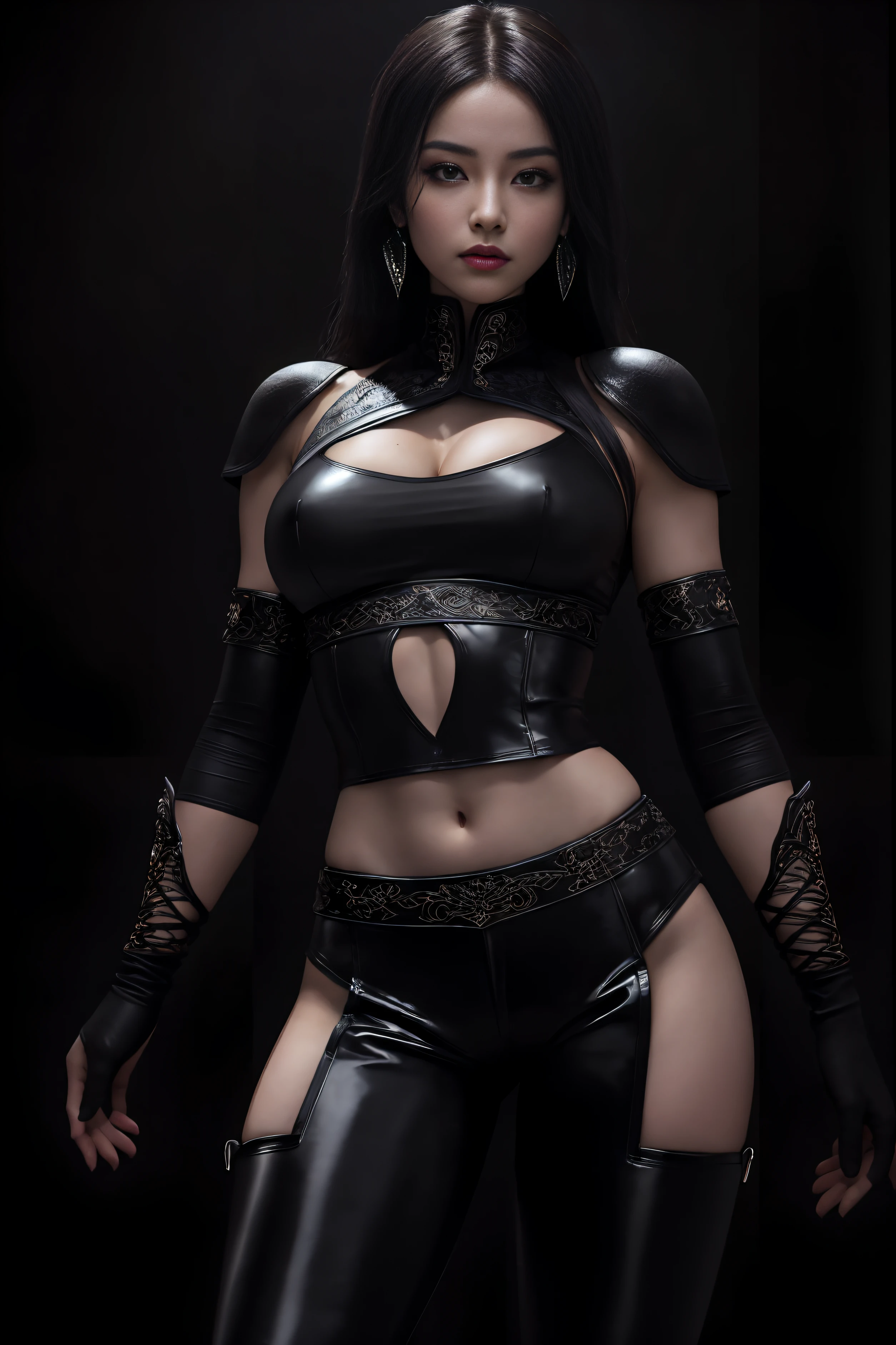 (masterpiece, top quality, best quality, official art, beautiful and aesthetic:1.2), (1girl:1.3), (fractal art:1.3), solo, Jade from mortal kombat, Mortal Kombat video game, black headband, long hair, large breasts, deep cleavage, beautiful face, Asian lady, see-through lace top, ((tight fitted pants)), black gloves, black brown hair, long patent leather black boots , earrings, midriff, navel, toned, looking at viewer, full body, seductive stance, legs apart, (dark city night black background:1.4), bright neon lighting, cinematic lighting