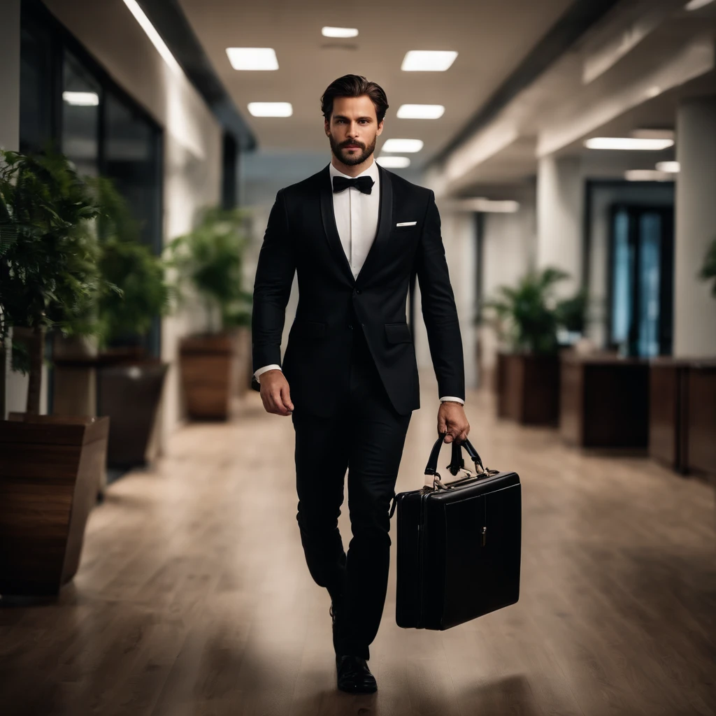 Handsome sturdy man, with long brown hair, in a tuxedo and black business pants, in office, In his hands he holds a business briefcase