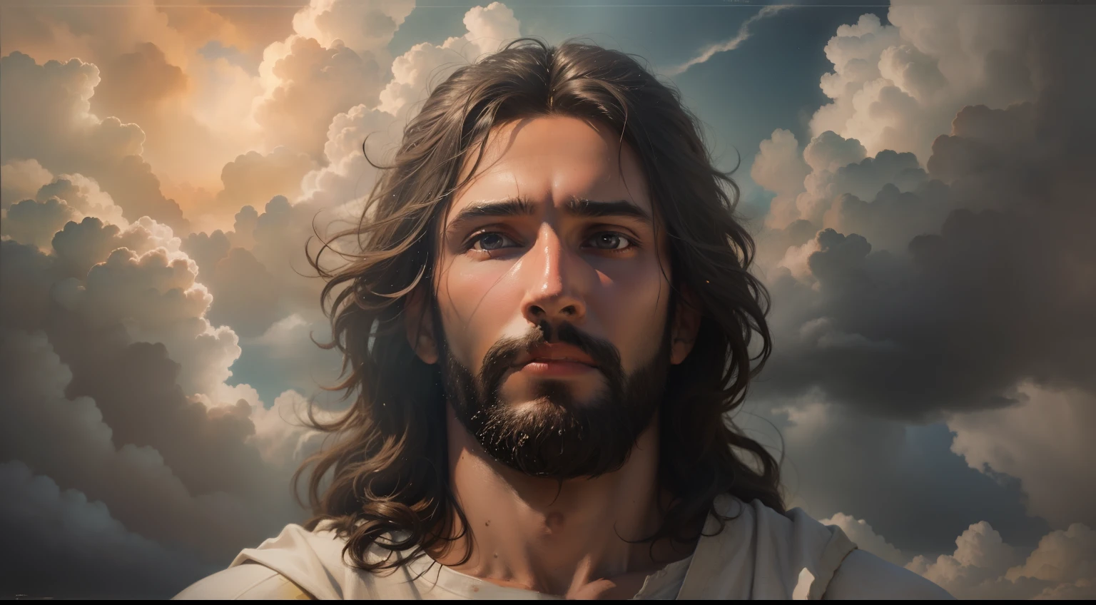 "[a realistic painting of Jesus up close amid the clouds of a cinematic sky]"