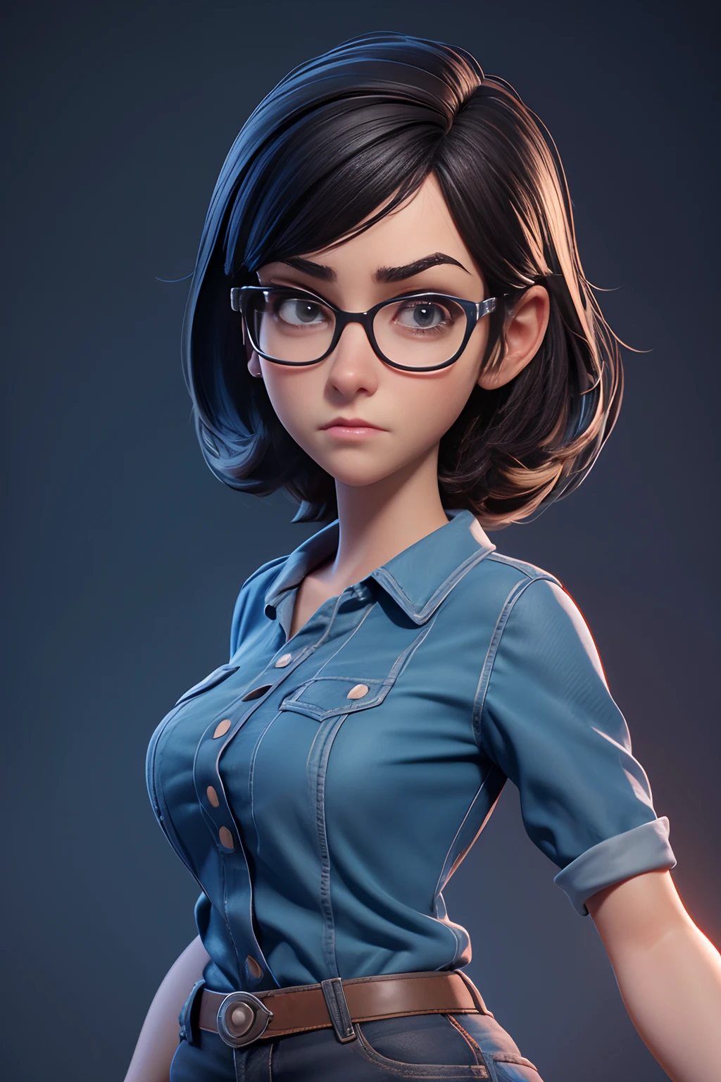 A 3D Pixar style Animation character development, featuring of a young woman nerd look, character spread sheet, blueprint, 3D realistic render, high resolution texture, dramatic lighting, expressive caricature, strong facial expression, dramatic intense perspective