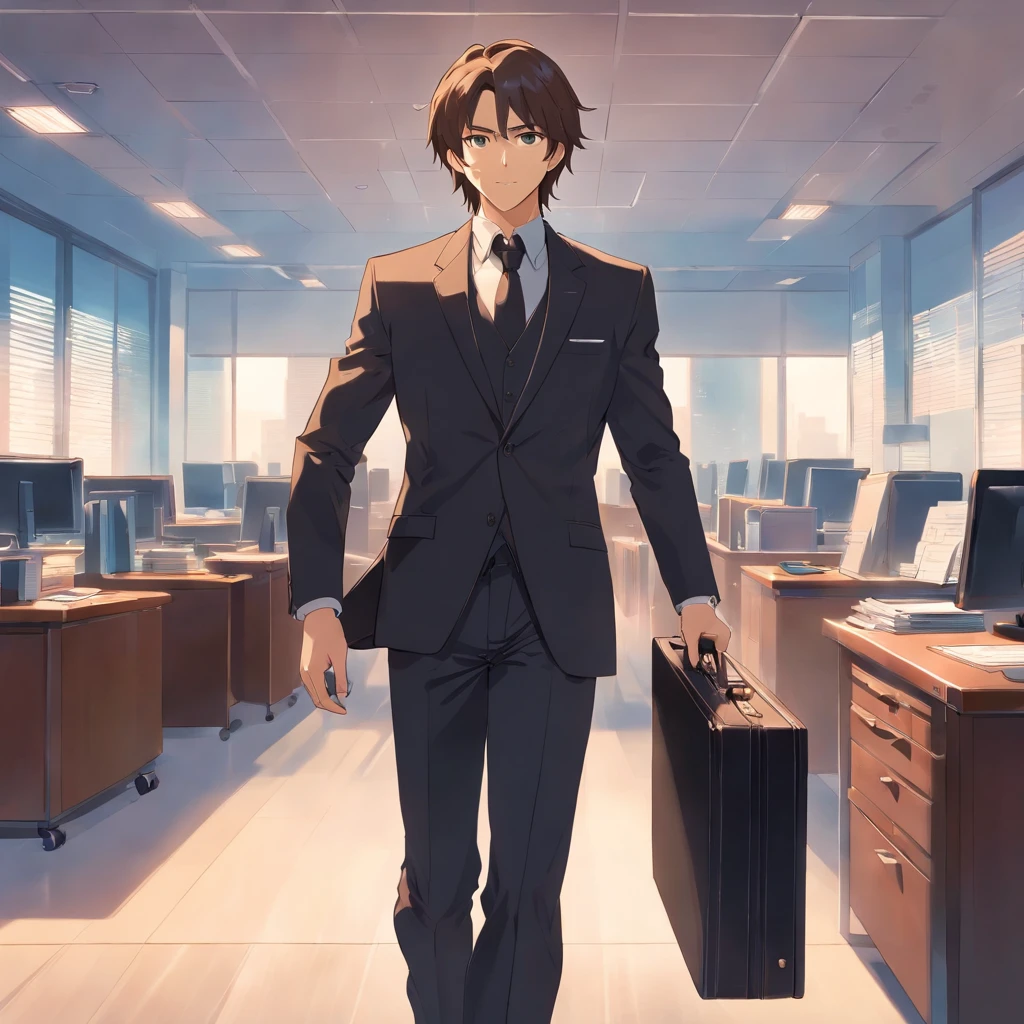 Handsome sturdy man, with long brown hair, in a tuxedo and black business pants, in office, In his hands he holds a business briefcase