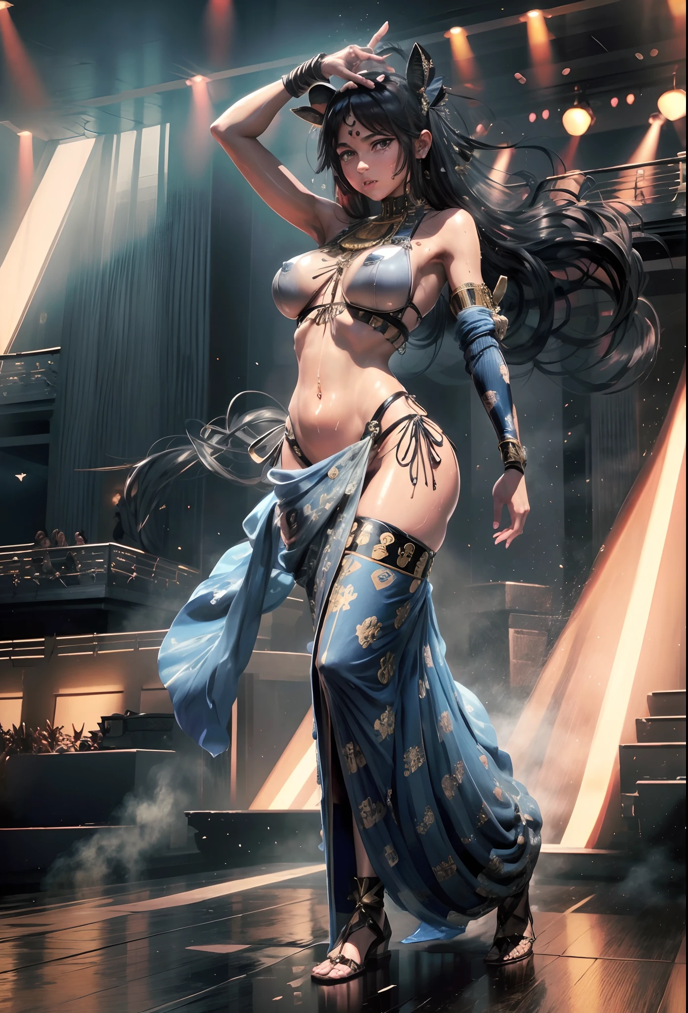 1 girl, Women, tanned skin, Pigmentation, Belly dance costume, Belly dance costume, Very Huge Big Chest, Egyptian Decor, Egyptians, Black Hair, Tie me up., long-haired, sharp face, Exquisite Face, Sharp navel, Sweaty Lot, Sweating profusely., Few pieces of clothing, Blue Eyes, sharp sweat;, HD, 4K, Stand on stage, Background contrast, Look at the audience., master-piece, Major contributions, sharp photo, attractive, Flawless., Sweaty Lot, (Unbeatable masterpiece:1.4), high-res, Sexy, ultra quality, Drenched body, Drenched breasts, Dreamy wet breast sweating, Manifestation of fatigue, hold the sword, High resolution lips, High resolution mouth, High resolution eyes, In high resolution eyes, High resolution eyeballs, High resolution set, High-resolution devices, Everything in high resolution,