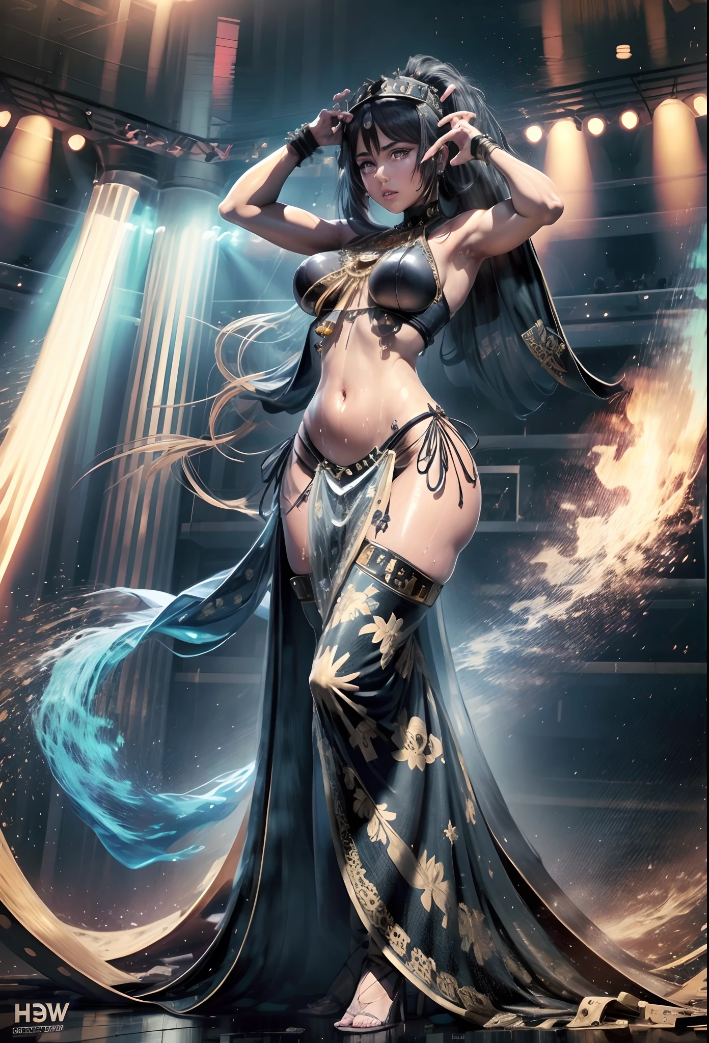 1 girl, Women, tanned skin, Pigmentation, Belly dance costume, Belly dance costume, Very Huge Big Chest, Egyptian Decor, Egyptians, Black Hair, Tie me up., long-haired, sharp face, Exquisite Face, Sharp navel, Sweaty Lot, Sweating profusely., Few pieces of clothing, Blue Eyes, sharp sweat;, HD, 4K, Stand on stage, Background contrast, Look at the audience., master-piece, Major contributions, sharp photo, attractive, Flawless., Sweaty Lot, (Unbeatable masterpiece:1.4), high-res, Sexy, ultra quality, Drenched body, Drenched breasts, Dreamy wet breast sweating, Manifestation of fatigue, hold the sword, High resolution lips, High resolution mouth, High resolution eyes, In high resolution eyes, High resolution eyeballs, High resolution set, High-resolution devices, Everything in high resolution,