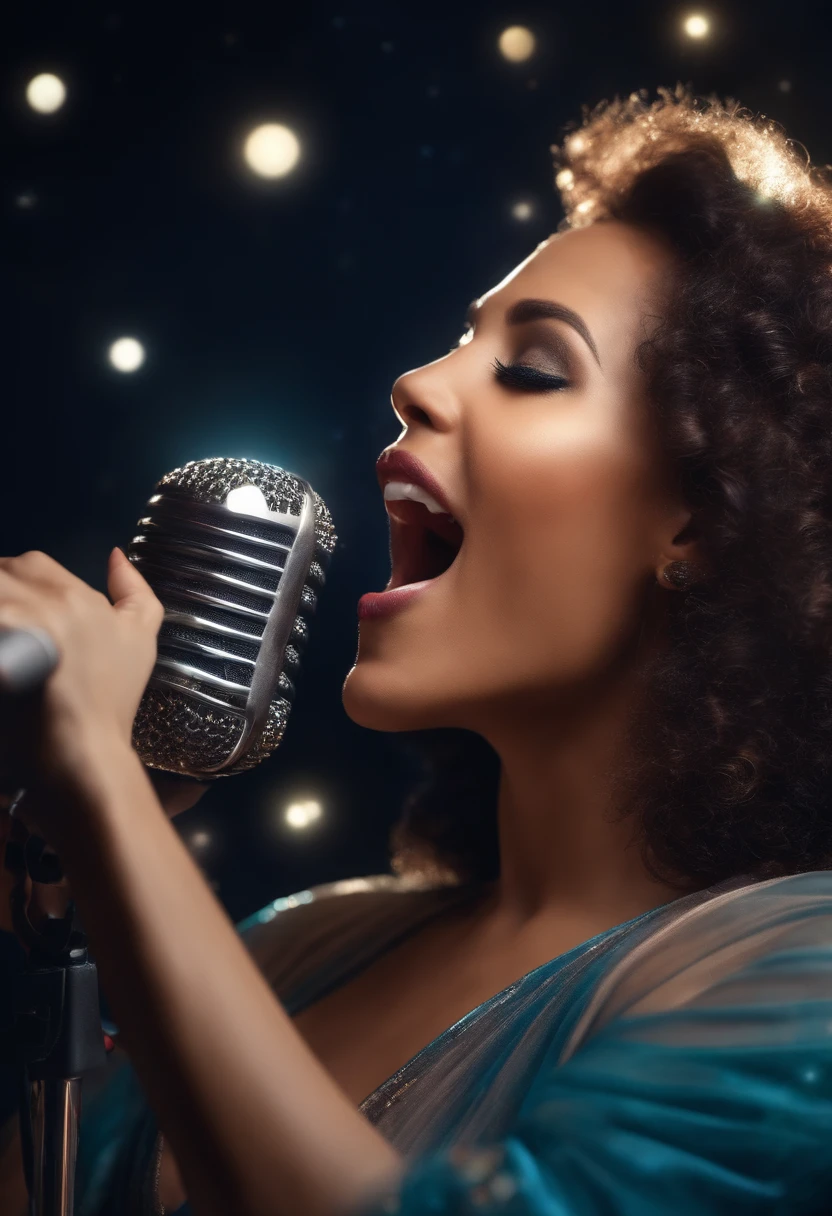 Woman singing with a microphone in her hand on a galactic stage and with a twinkle in her eye