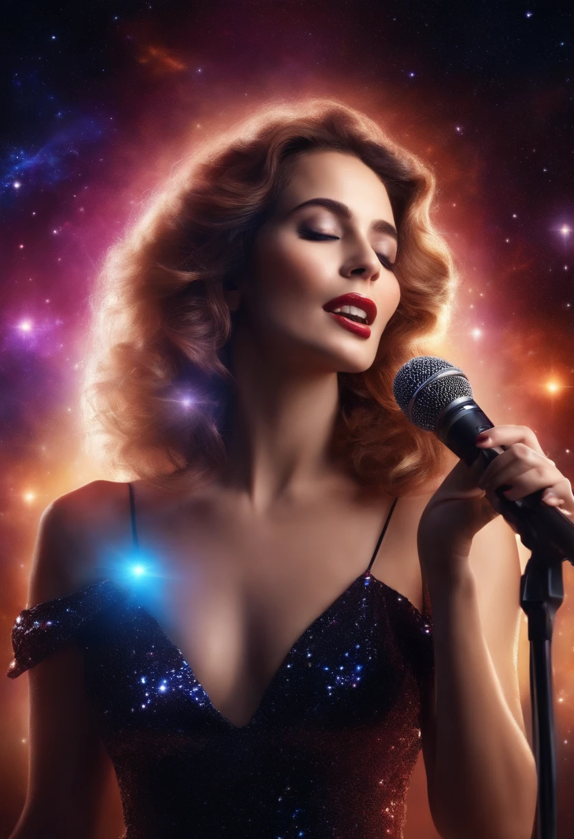 Woman singing with a microphone in her hand on a galactic stage and with a twinkle in her eye