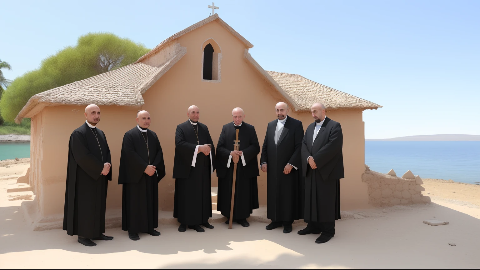 Three armenian priests and a bishop standing beside a half-constructed church on an island