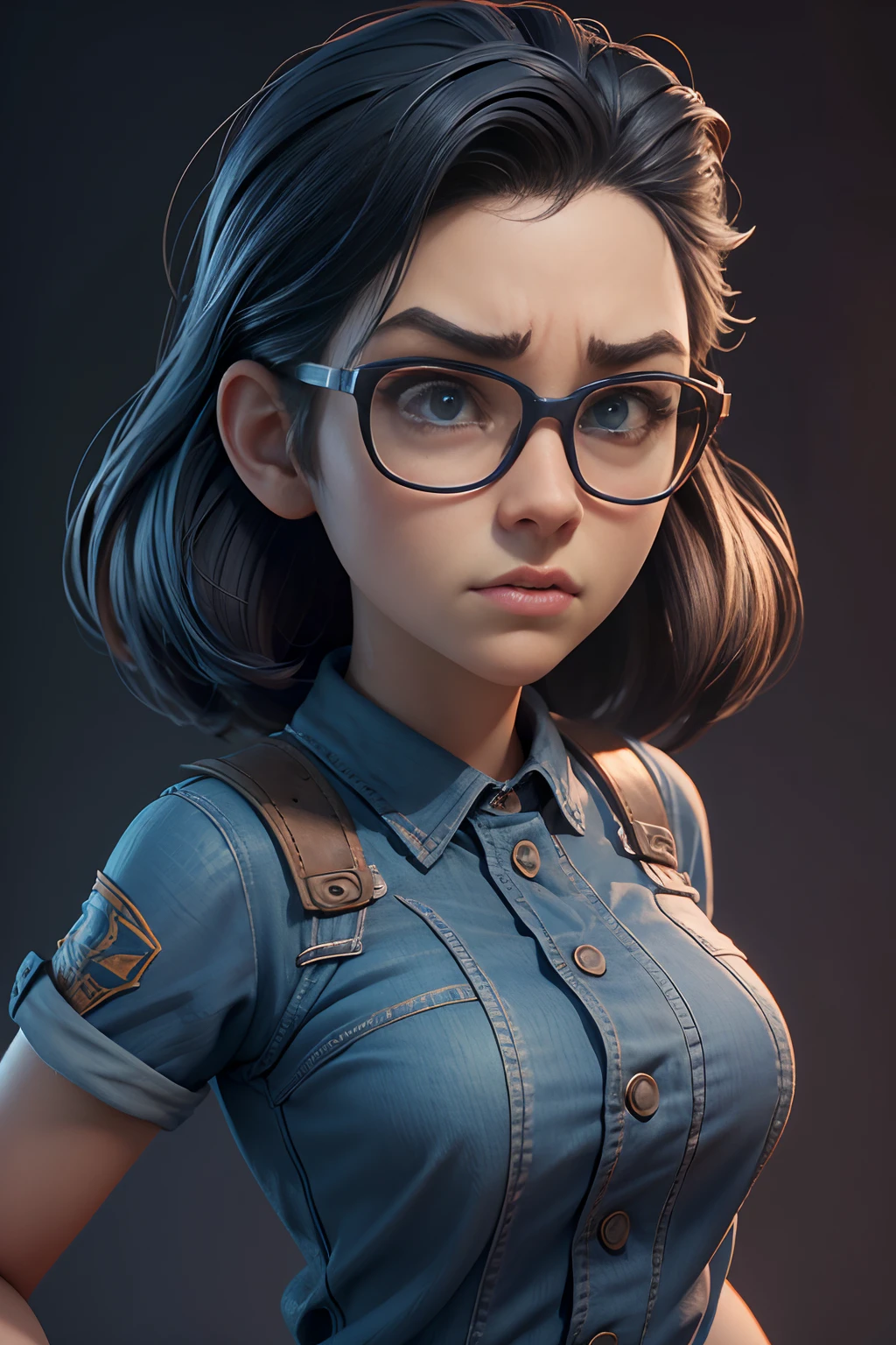 A 3D Pixar style Animation character development, featuring of a young woman nerd look, character spread sheet, blueprint, 3D realistic render, high resolution texture, dramatic lighting, expressive caricature, strong facial expression, dramatic intense perspective