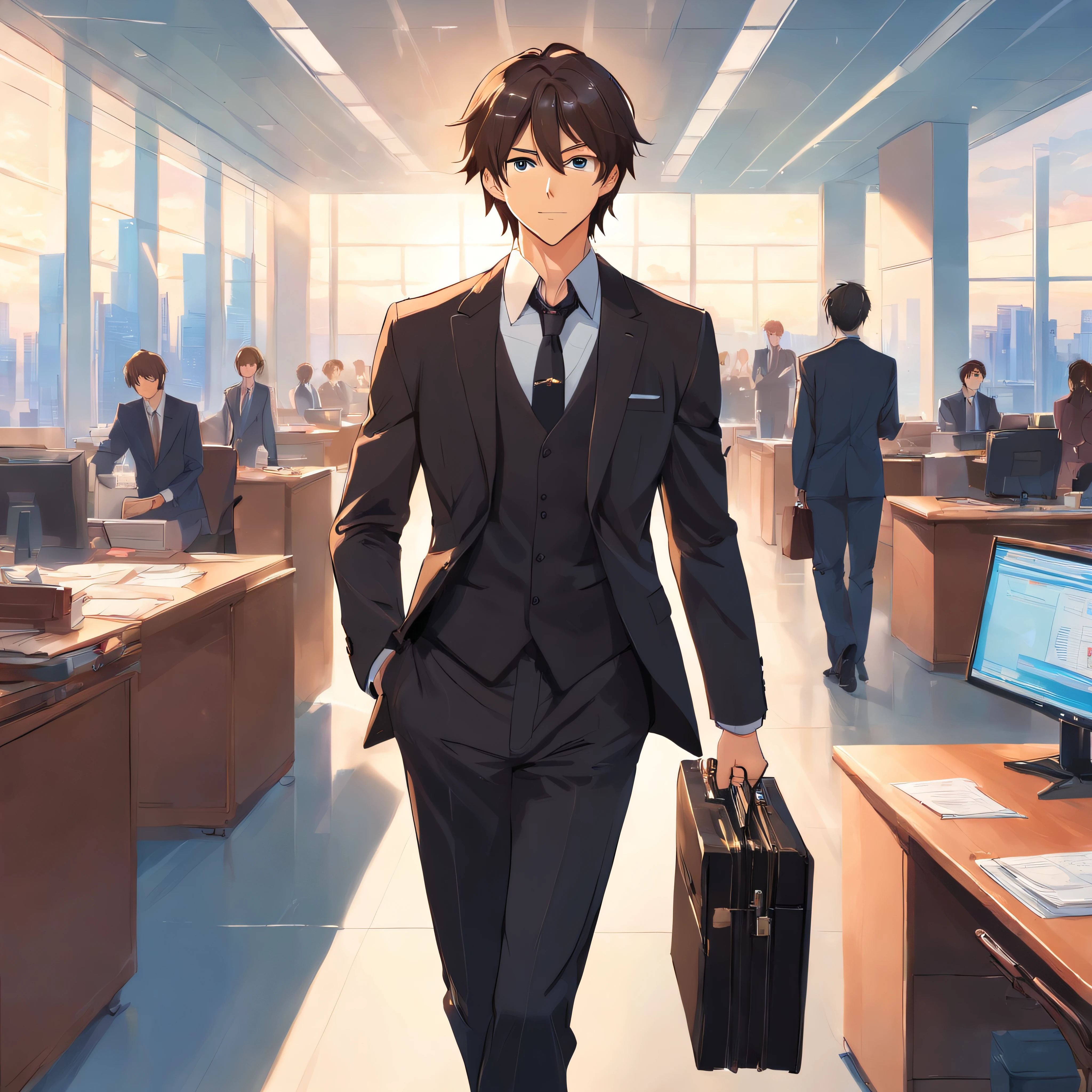 Handsome sturdy man, with very long waist-length brown hair, in a tuxedo and black business pants, in office, In his hands he holds a business briefcase