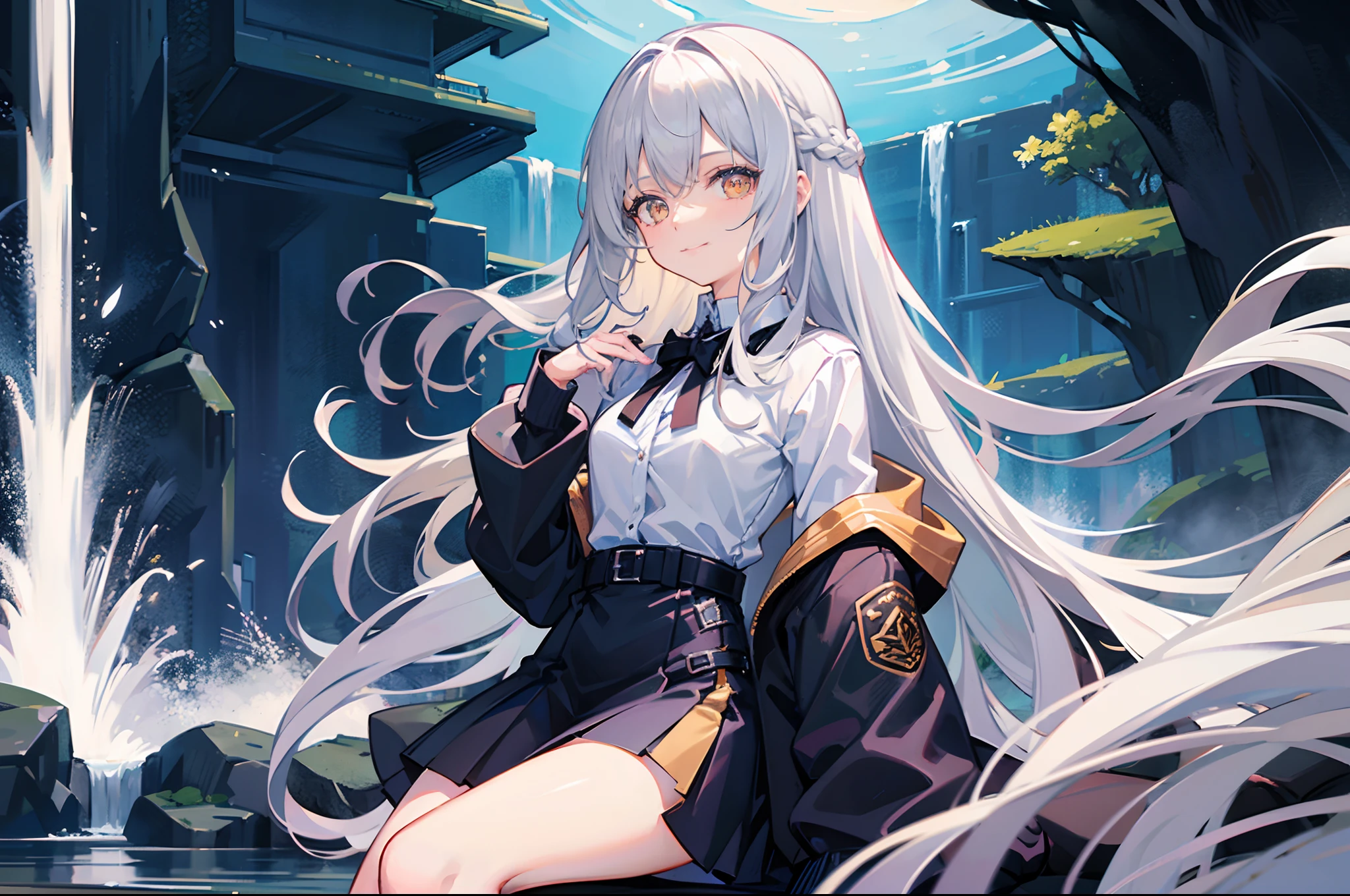 18-year-old silver-haired girl, Golden Eyes, long-haired,Braid left and right. Wear a white shirt with buttons... Black miniskirt.Stand near the waterfall...With a slightly smiling face..........