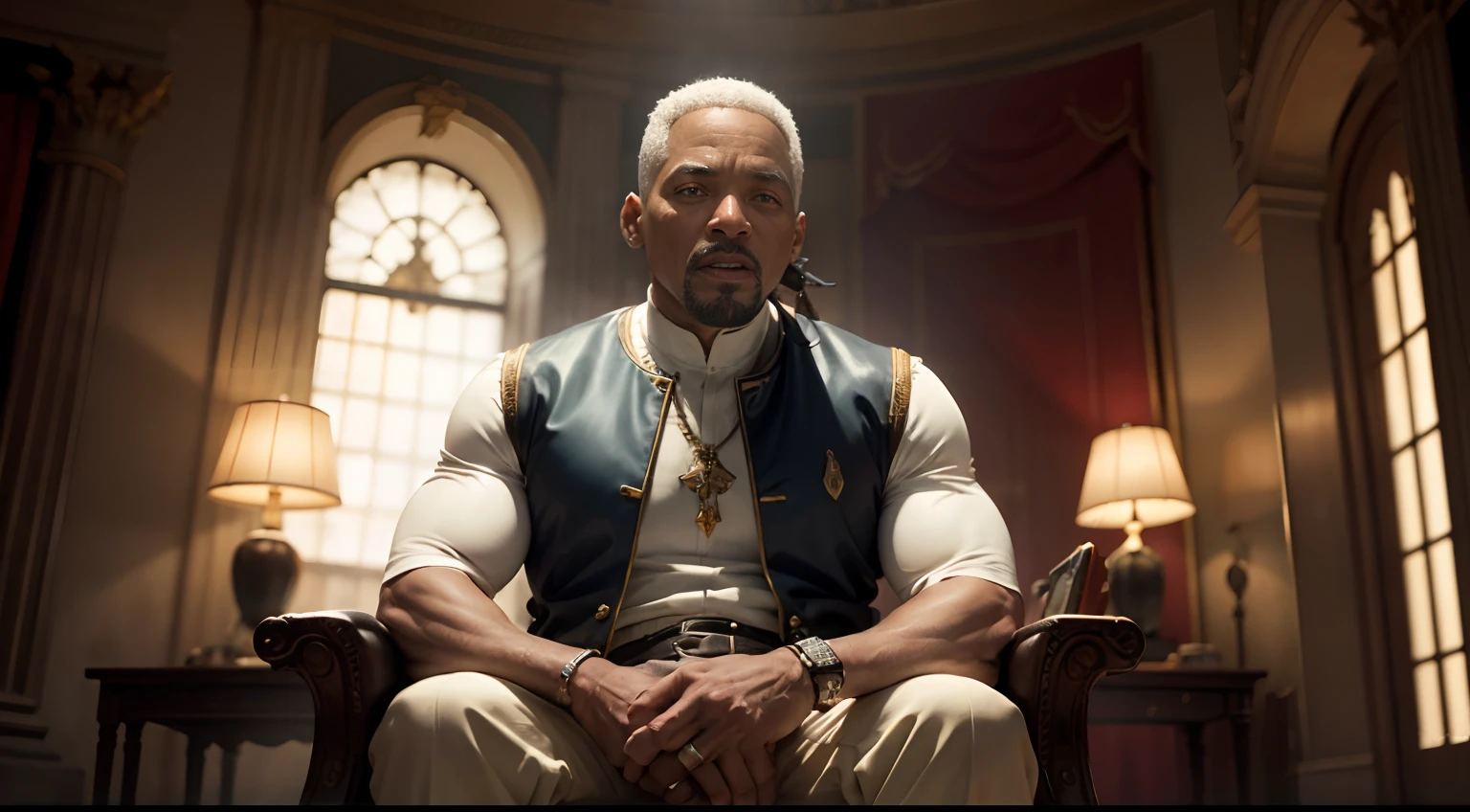Will Smith, old man, Old Sage, enrugado, Imperador, seated not throne, circunstanciado, Cinematic light, detalhes intrincados, epics, circunstanciado, Full HD, Foto realista, real facial expressions, will smith rosto