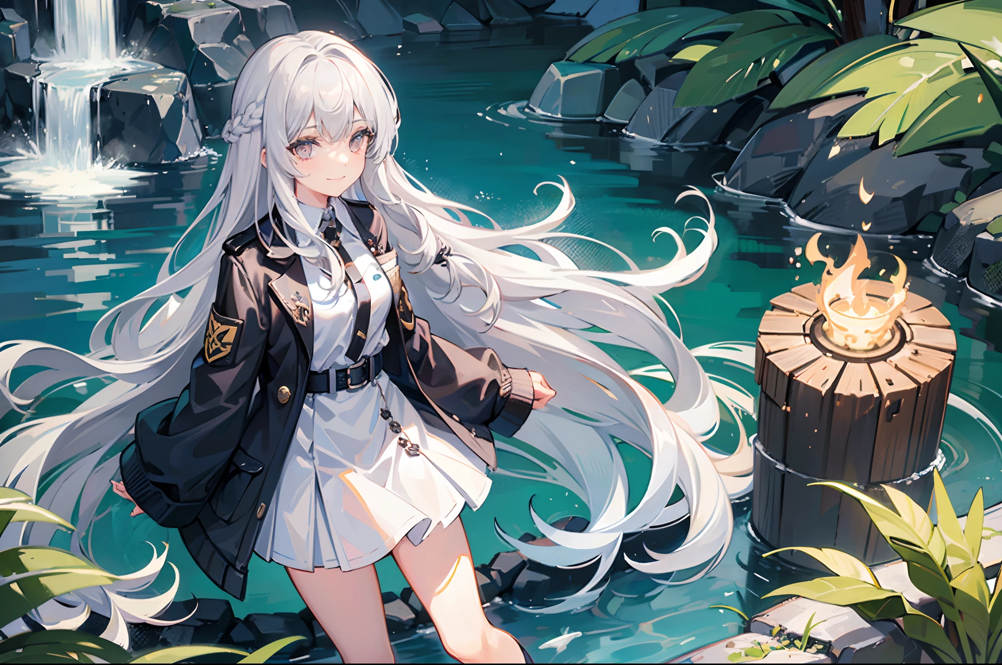 18-year-old silver-haired girl, Golden Eyes, long-haired,Braid left and right. Wear a white shirt with buttons... Black miniskirt.Stand near the waterfall...With a slightly smiling face..........