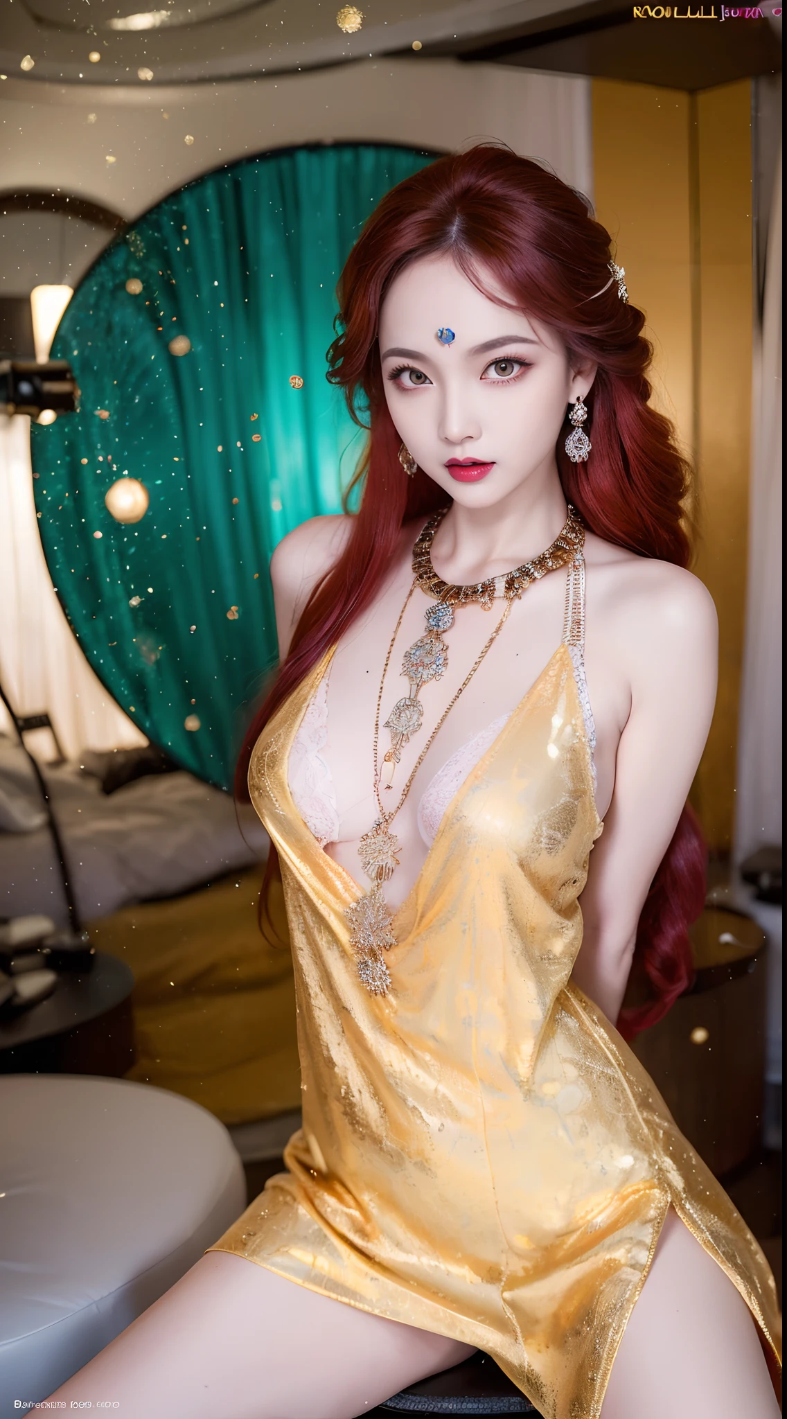 1 beautiful and sexy 20 year old girl, ((wearing traditional Hanfu armor with main colors purple and red:1)), not wearing pants, sexy hanfu style, ((long red hair:1.7)), jewelry elaborately made from precious stones and beautiful hair, ((wearing a 24k gold lace necklace:1.4)), the noble, noble style of an extremely beautiful girl, her small face is super cute, her face is very pretty, thin eyebrows, flawless beautiful face, ((black eye pupils: 0.8)), very beautiful eyes, ((light red eyes: 1)), (((big round eyes:1.6))), nice makeup and hair detailed eyelashes, steamy eye makeup, high nose, earrings, red lips, ((closed mouth: 1.5)) beautiful lips, slim hands, most beautiful thighs, ((arms spread out to the sides: 1.5)), rosy face, clean face, flawless beautiful face, smooth white skin, (big breasts: 1.5)), tight breasts, beautiful cleavage, (((big breasts and super round: 1.8))), beautiful breasts, perfect body, ((put girl's arms behind her back:1.6)), chest out, sit down on the bed, ((Open your legs:1.5)), not ashamed, 8k photo, super high quality, super realistic, super 10x pixels, optical, bright studio, bright edges, dual-tone lighting, (high-detail skin:1.2), super 8k, soft lighting, high quality, volumetric lighting, photorealistic, photorealistic high resolution, lighting, best photo, 4k, 8k quality, smooth sharp, 10x pixel, ((royal villa background:1.5)), aurora, lightning, super graphics realistic, most realistic graphics, 1 girl, alone, solo, Extremely sharp image, surreal, ((frontal portrait:1.6))."